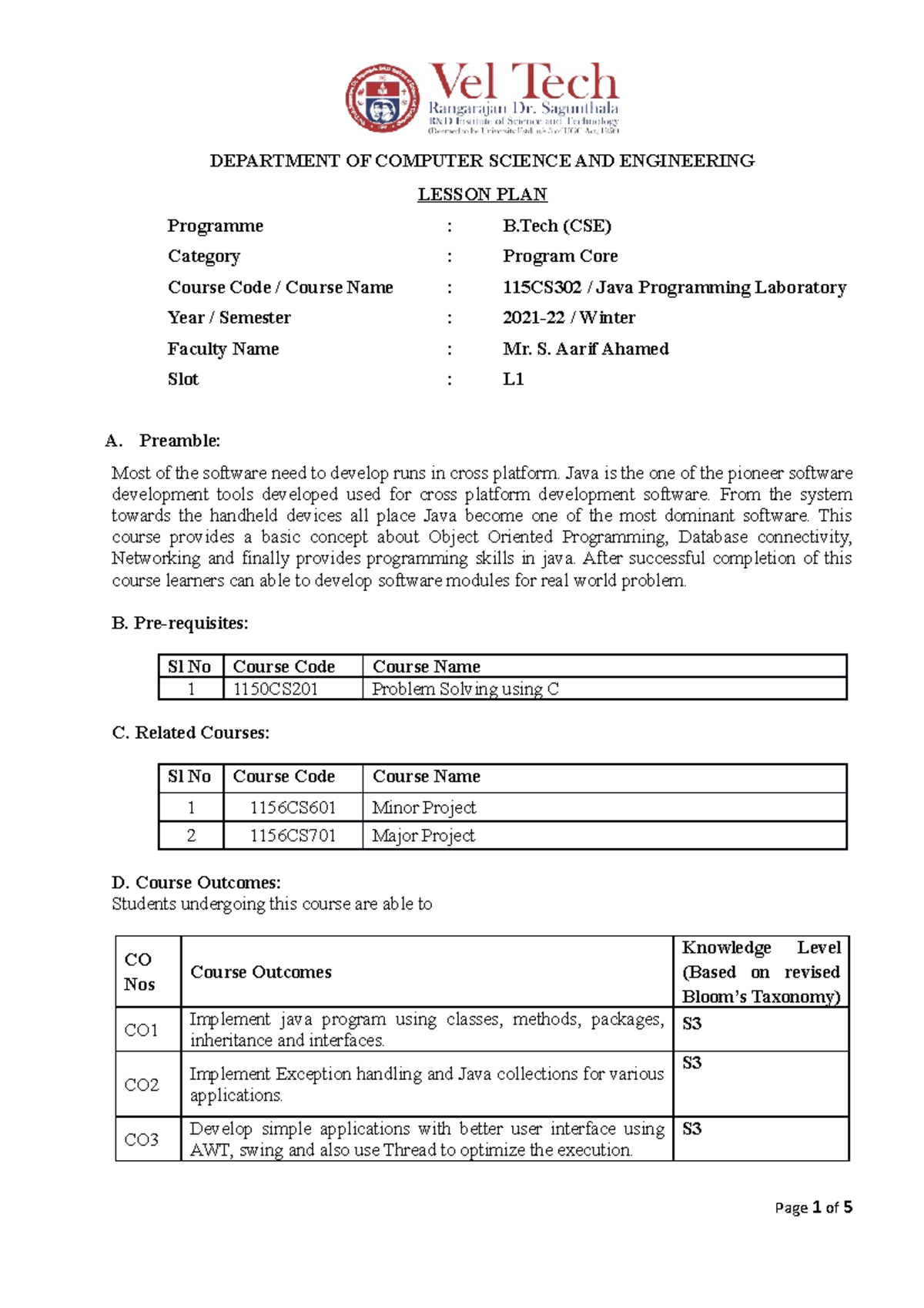 LabLesson PlanFormat jrhwekrhkej Computer networks lab Vel Tech