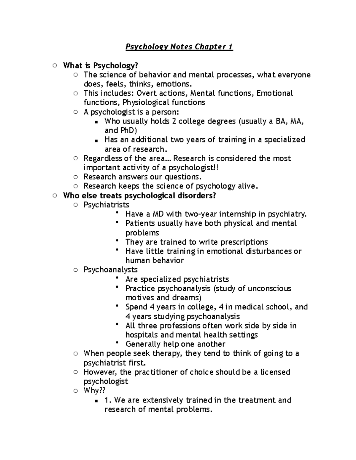Psychology Notes Chapter 1 Biner - Psychology Notes Chapter 1 o What is ...