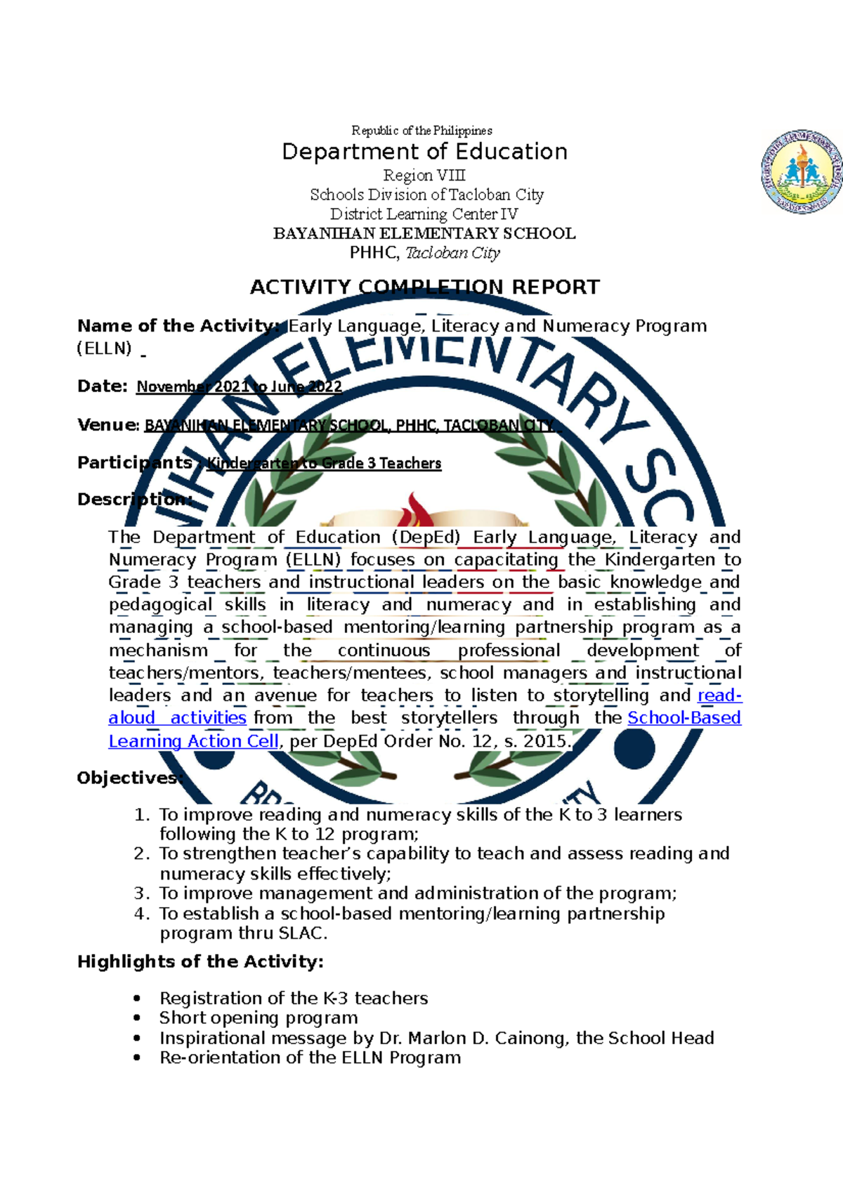 ACRELLNBay ES MOVs for documentation Republic of the Philippines