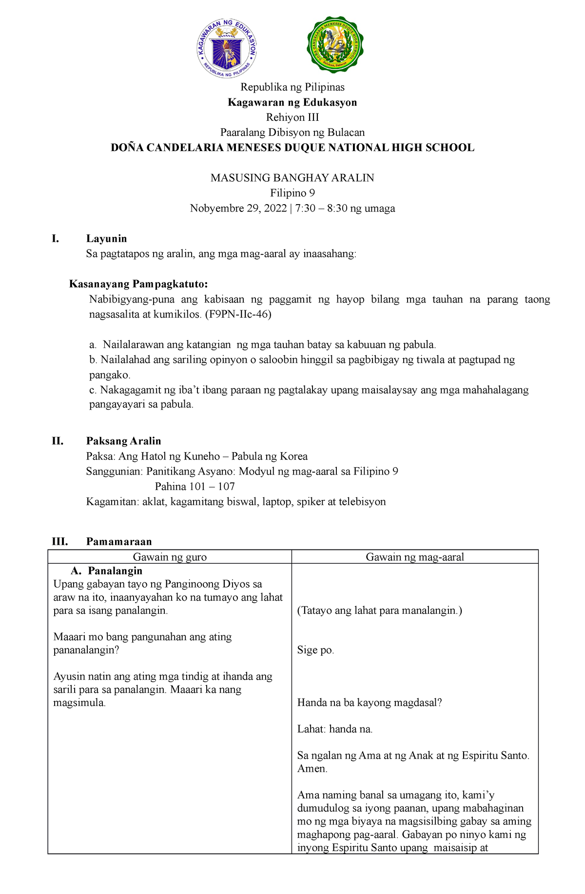 Lesson Plan Filipino Pabula Republika Ng Pilipinas Kagawaran Ng ...