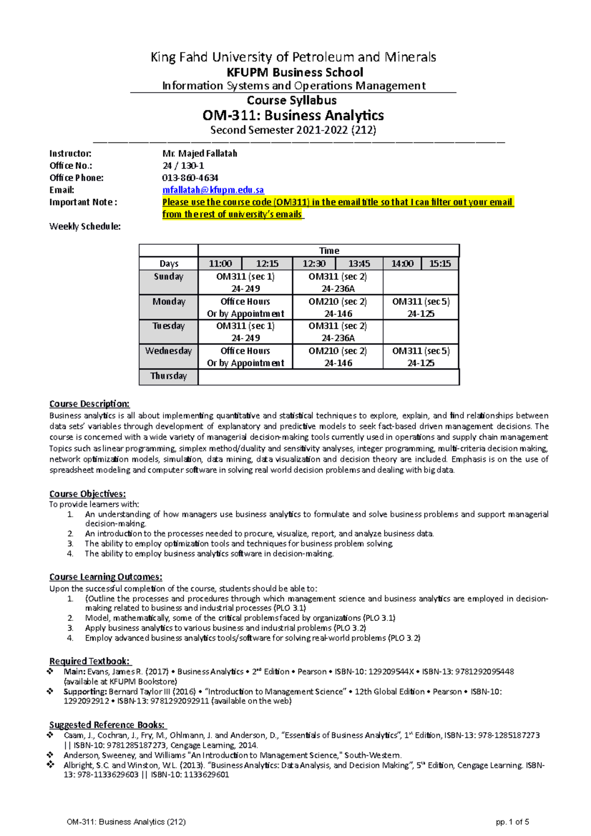 OM311 Syllabus 20212022212 King Fahd University of Petroleum and