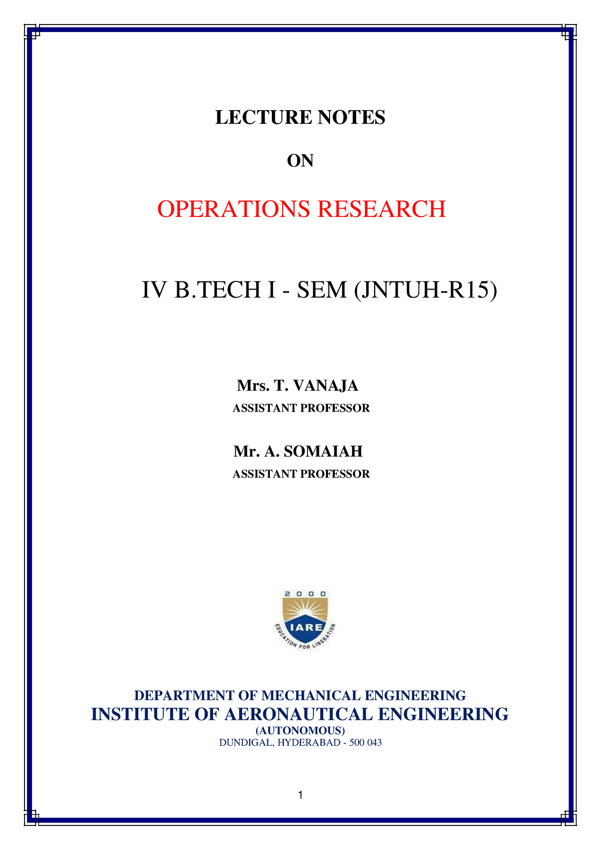 OR Lecture Notes operation research MECHANICS OF SOLIDS II B