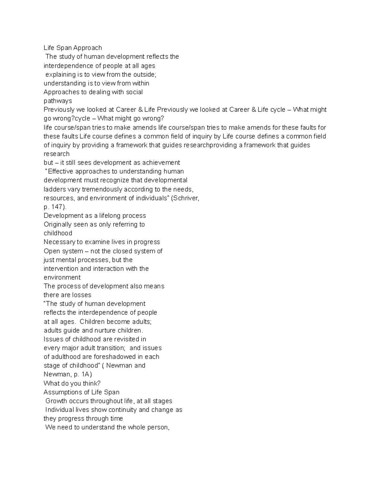 Swk Lecture notes on Psychosocial theory - Life Span Approach The study ...