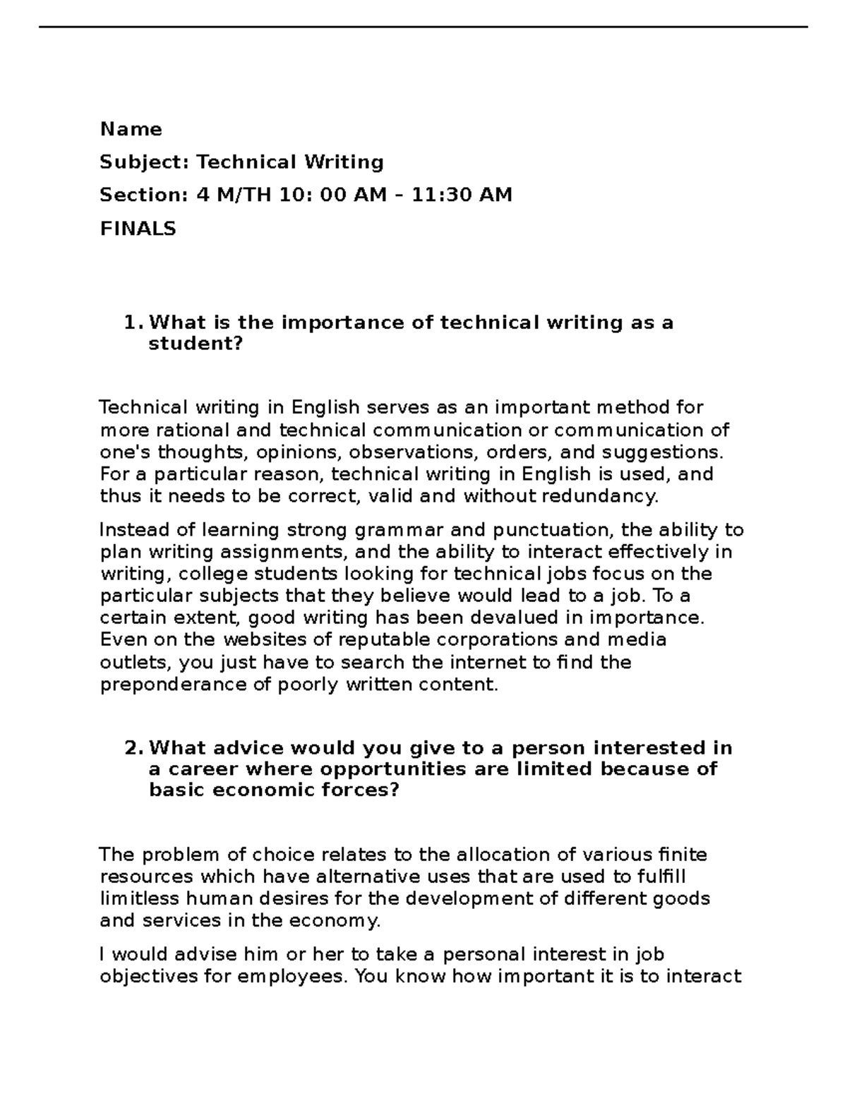 Tech Writing Importance 11 - Name Subject: Technical Writing Section: 4 ...