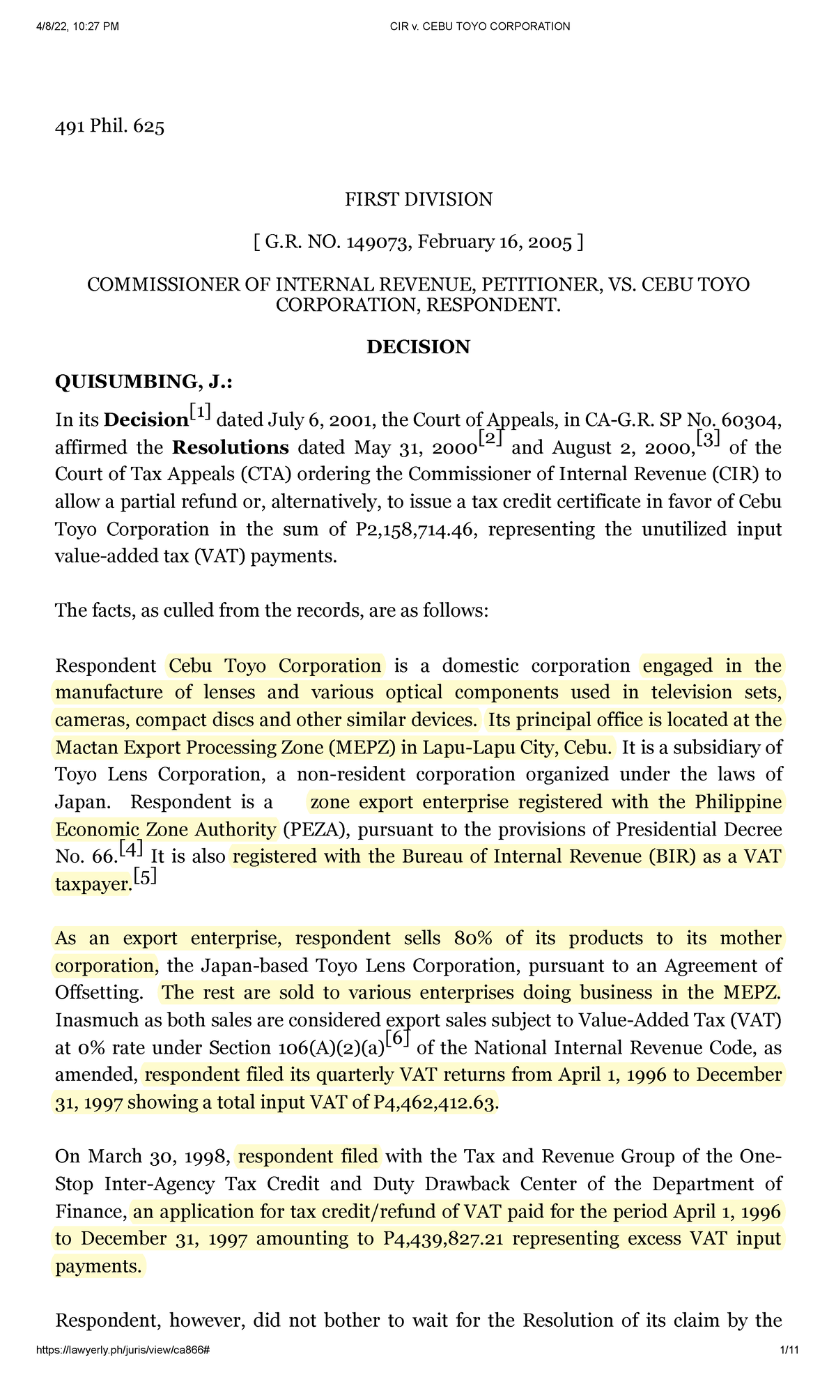 10. CIR v. CEBU TOYO Corporation - 491 Phil. 625 FIRST DIVISION [ G. NO ...