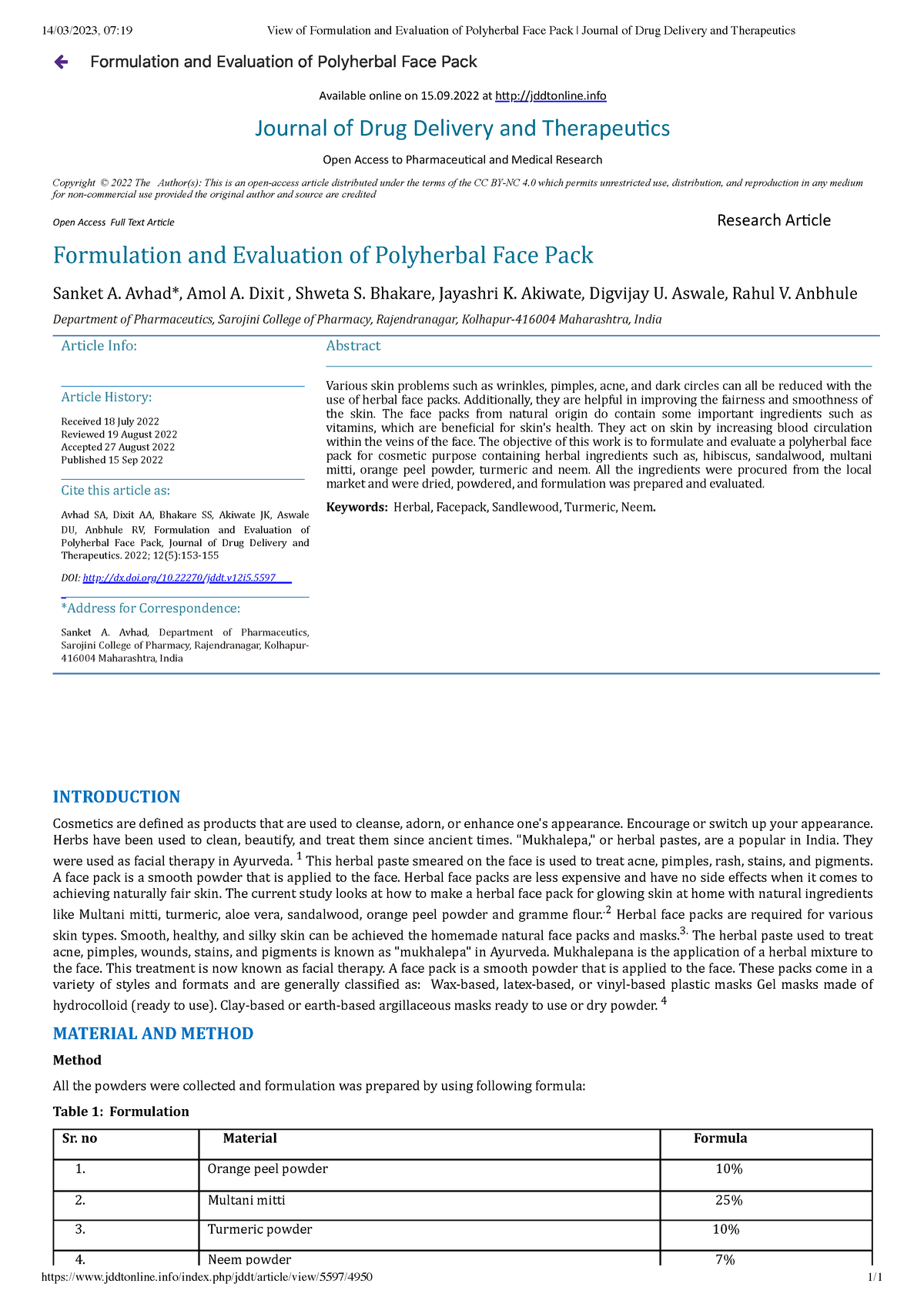 View Of Formulation And Evaluation Of Polyherbal Face Pack Journal Of ...