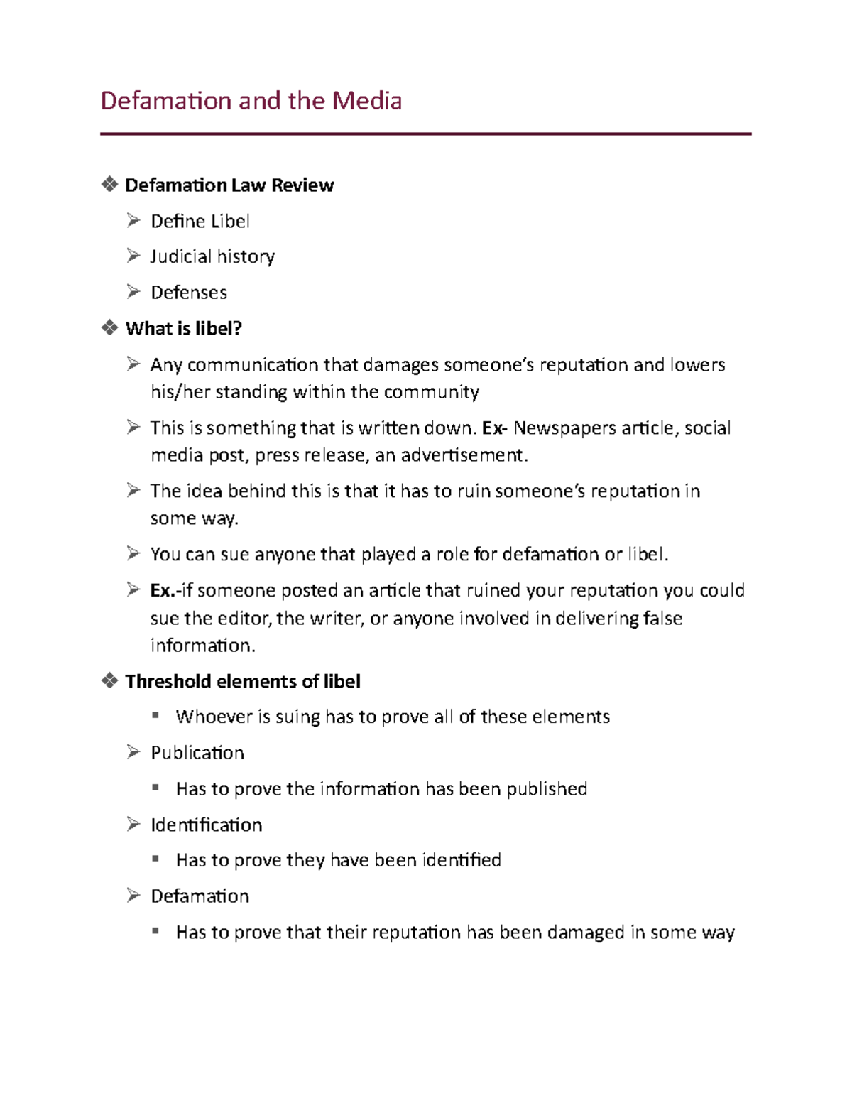 JAMS 559 Libel Lecture Defamation and the Media Defamation Law Review