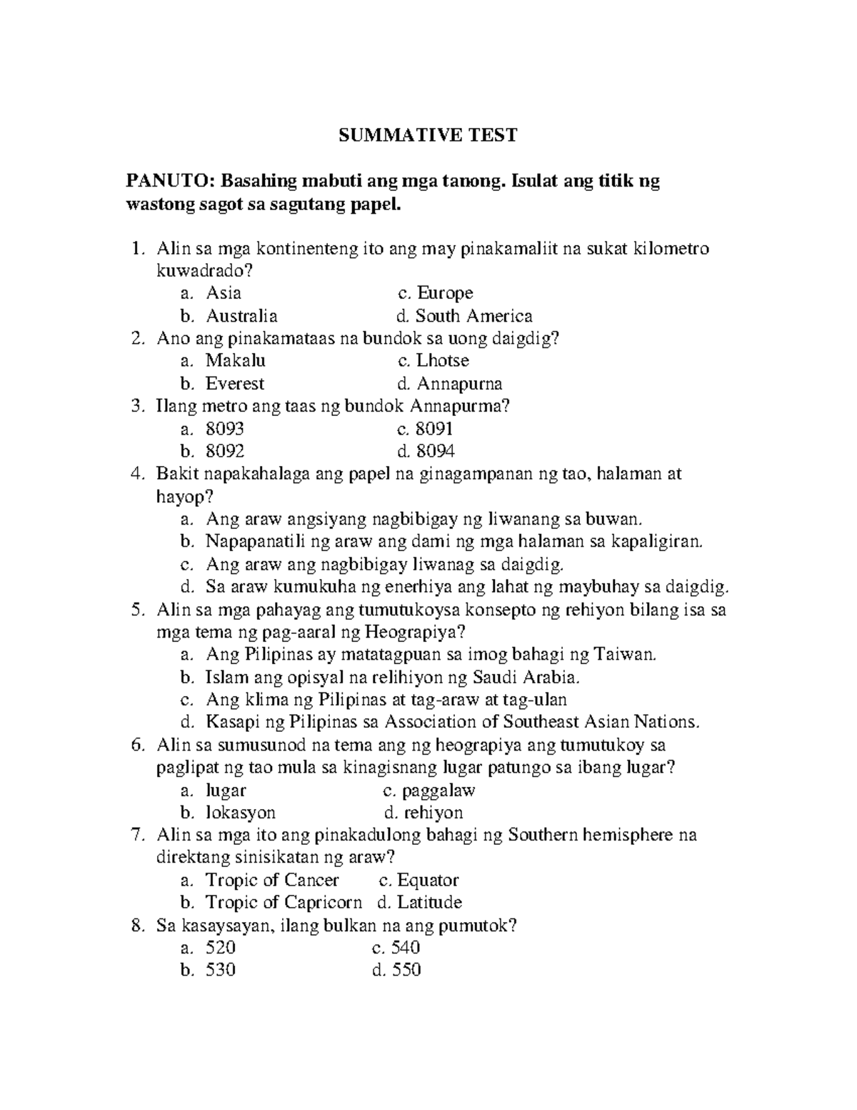 Summative TEST- Salinas Highschool - SUMMATIVE TEST PANUTO: Basahing ...