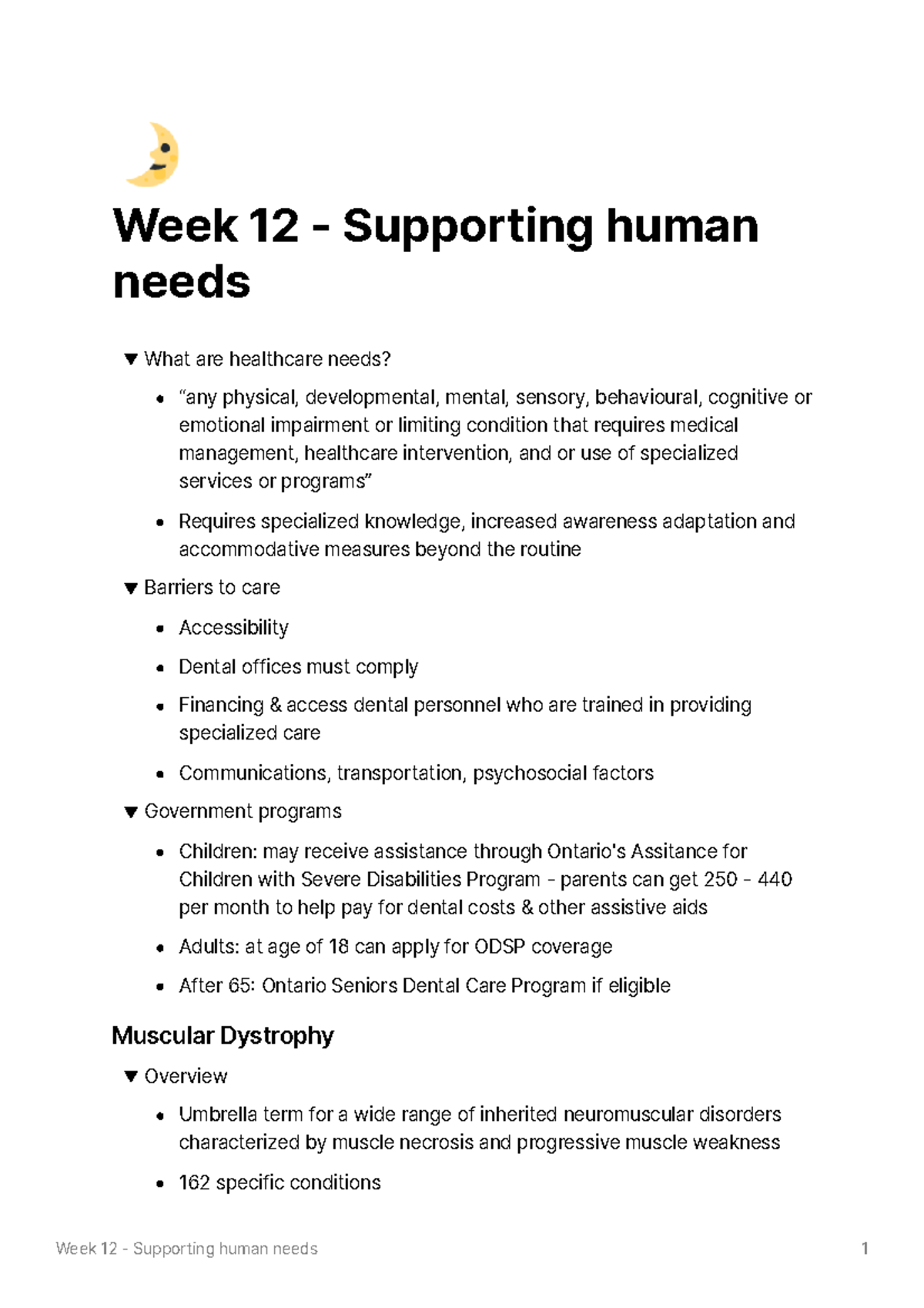 Week 12 - Supporting human needs - 🌛 Week 12 - Supporting human needs What  are healthcare needs? - StuDocu