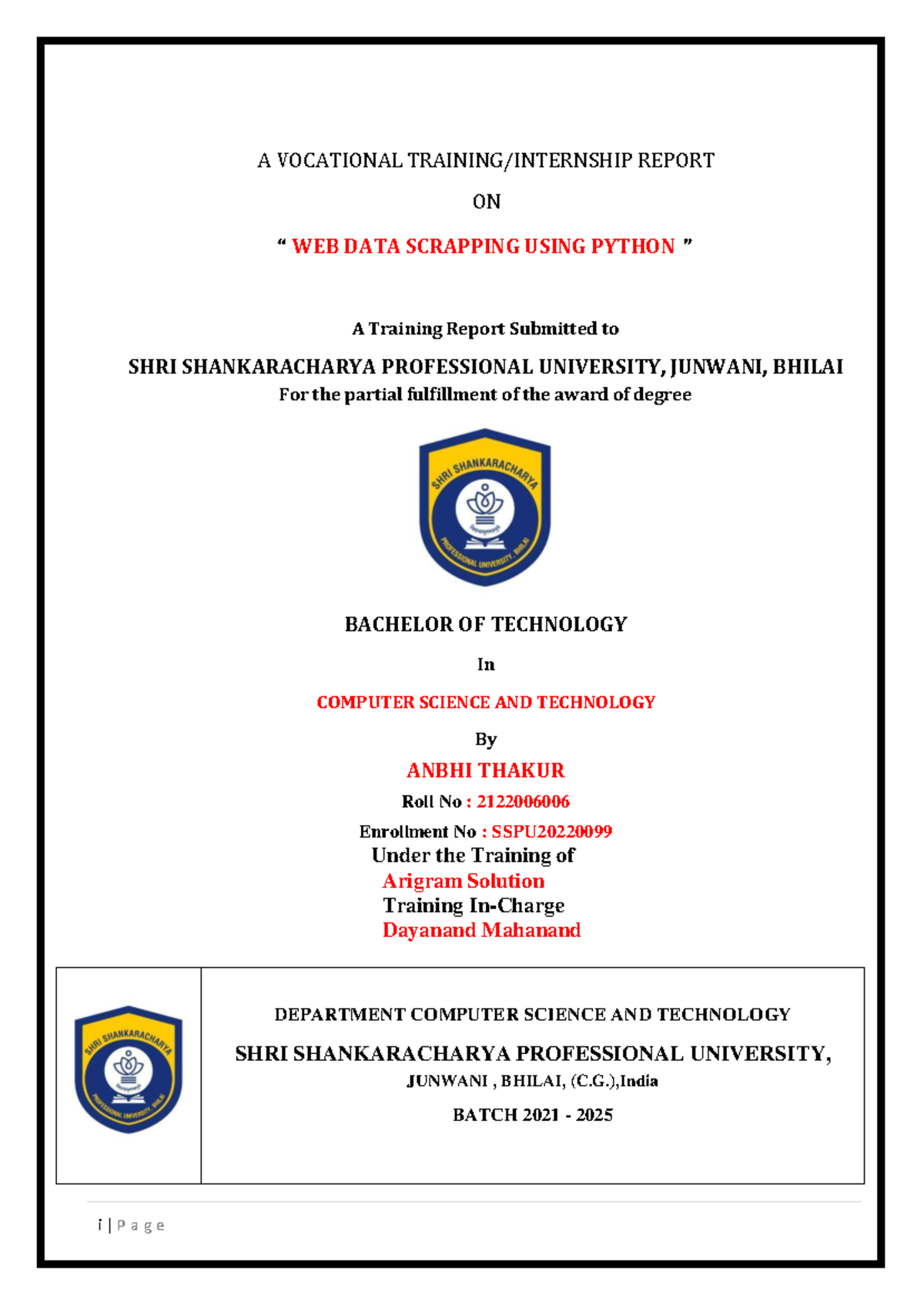 Final - A VOCATIONAL TRAINING/INTERNSHIP REPORT ON “ WEB DATA SCRAPPING ...