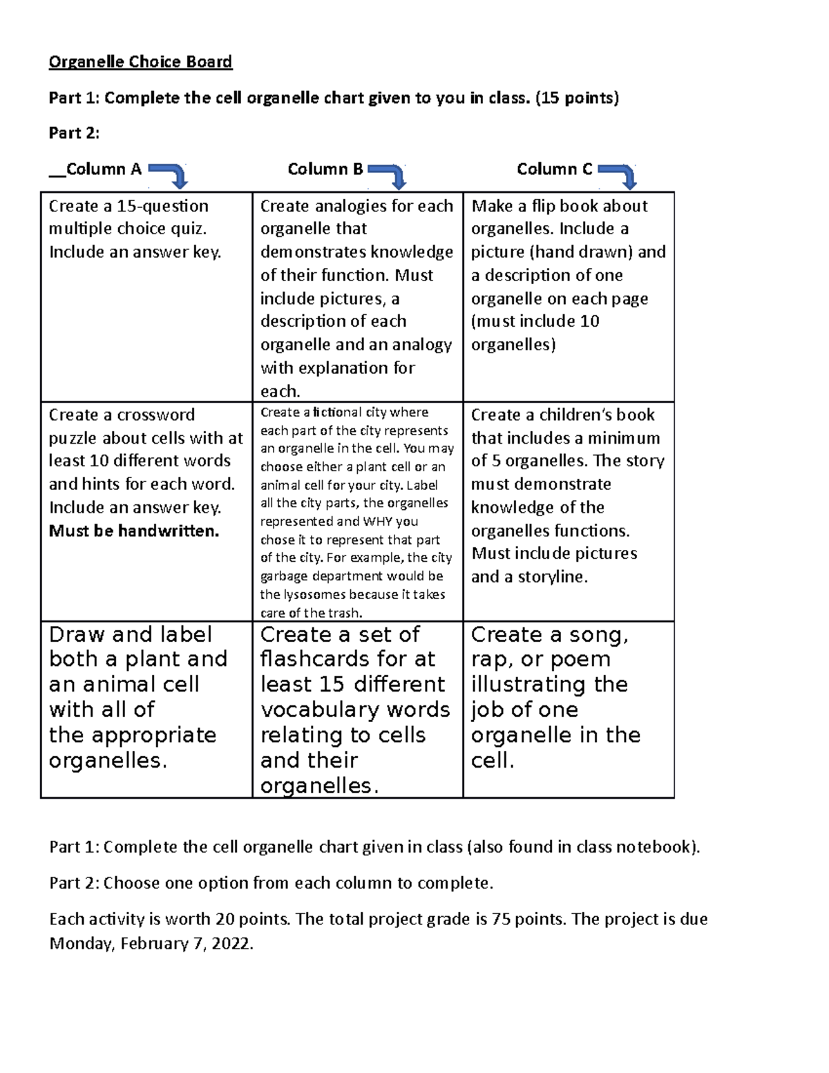 Organelle Choice Board - Organelle Choice Board Part 1: Complete the ...