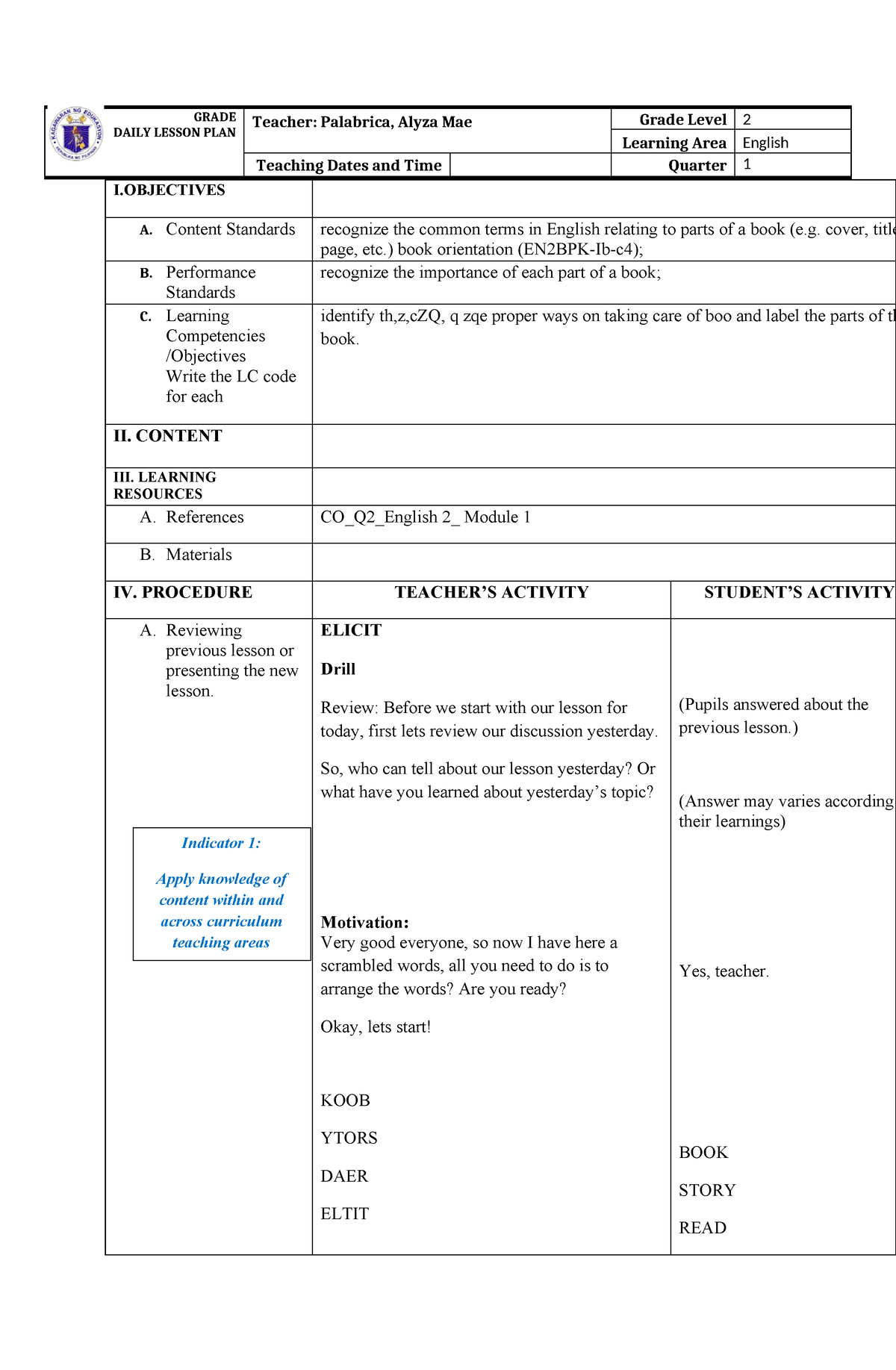 LP 7Es Template 1 - GRADE DAILY LESSON PLAN Teacher: Palabrica, Alyza ...