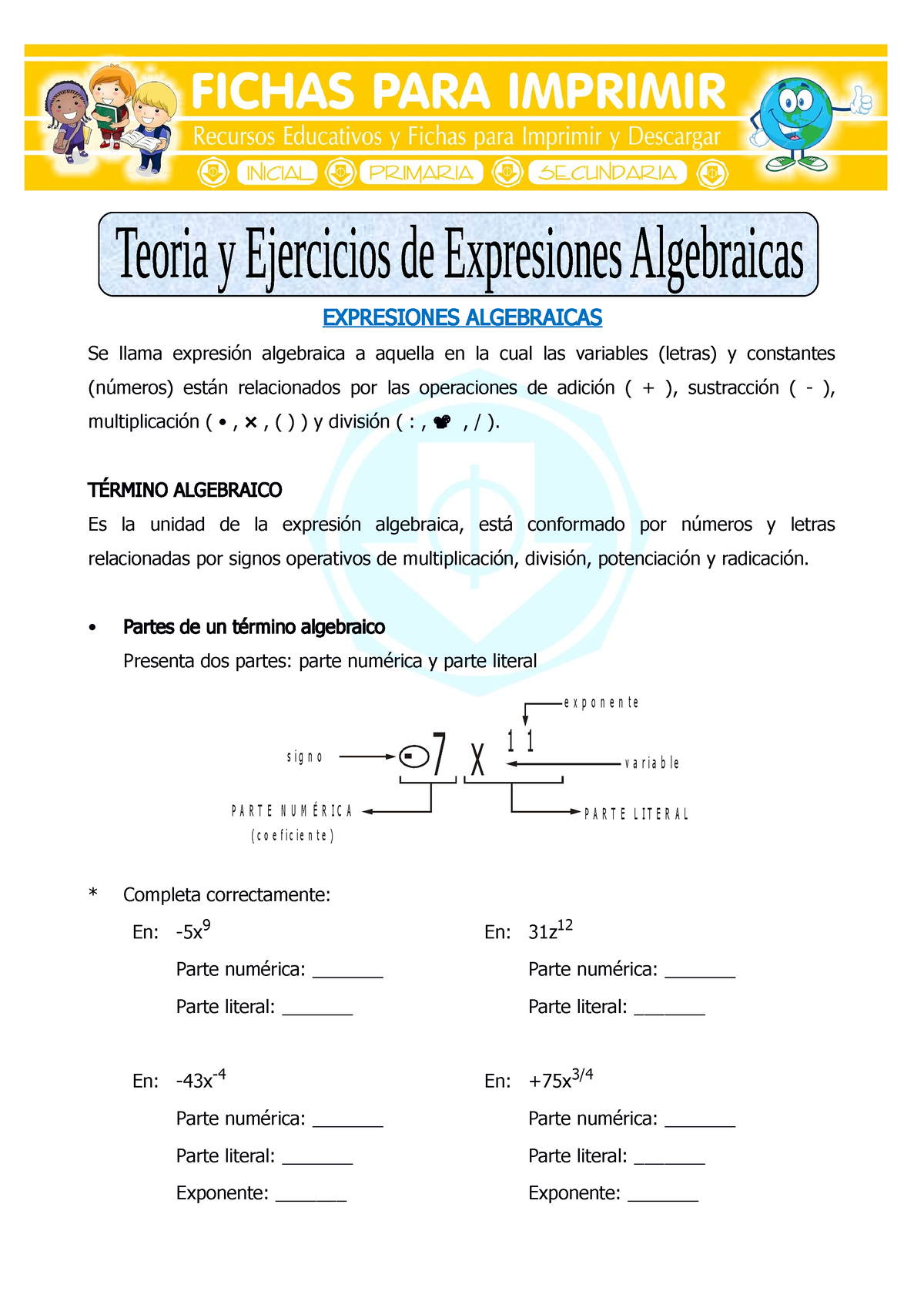 Teoria Y Ejercicios De Expresiones Algebraicas Para Sexto De Primaria Expresiones Algebraicas 4019