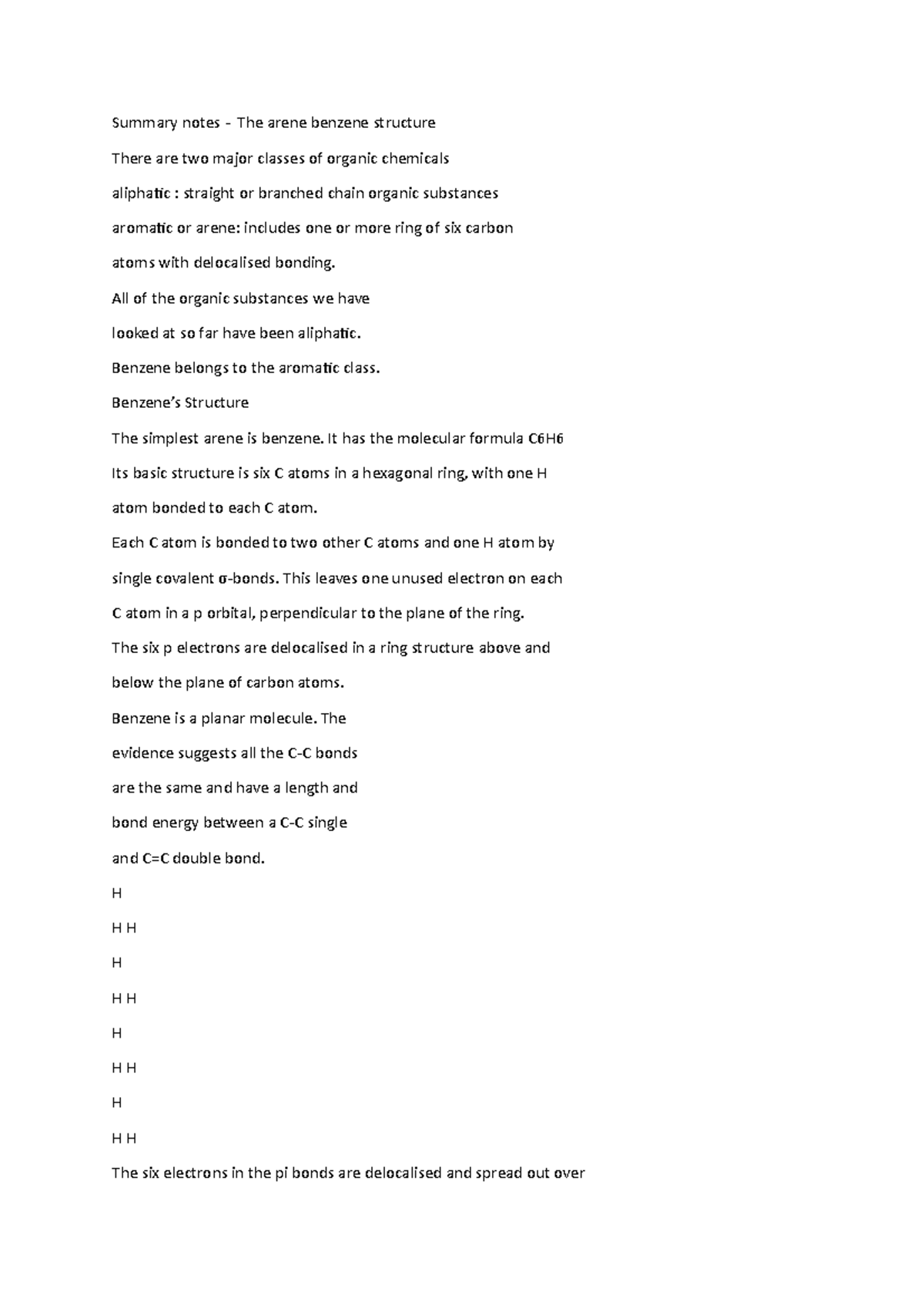 Summary notes - The arene benzene structure # - All of the organic ...