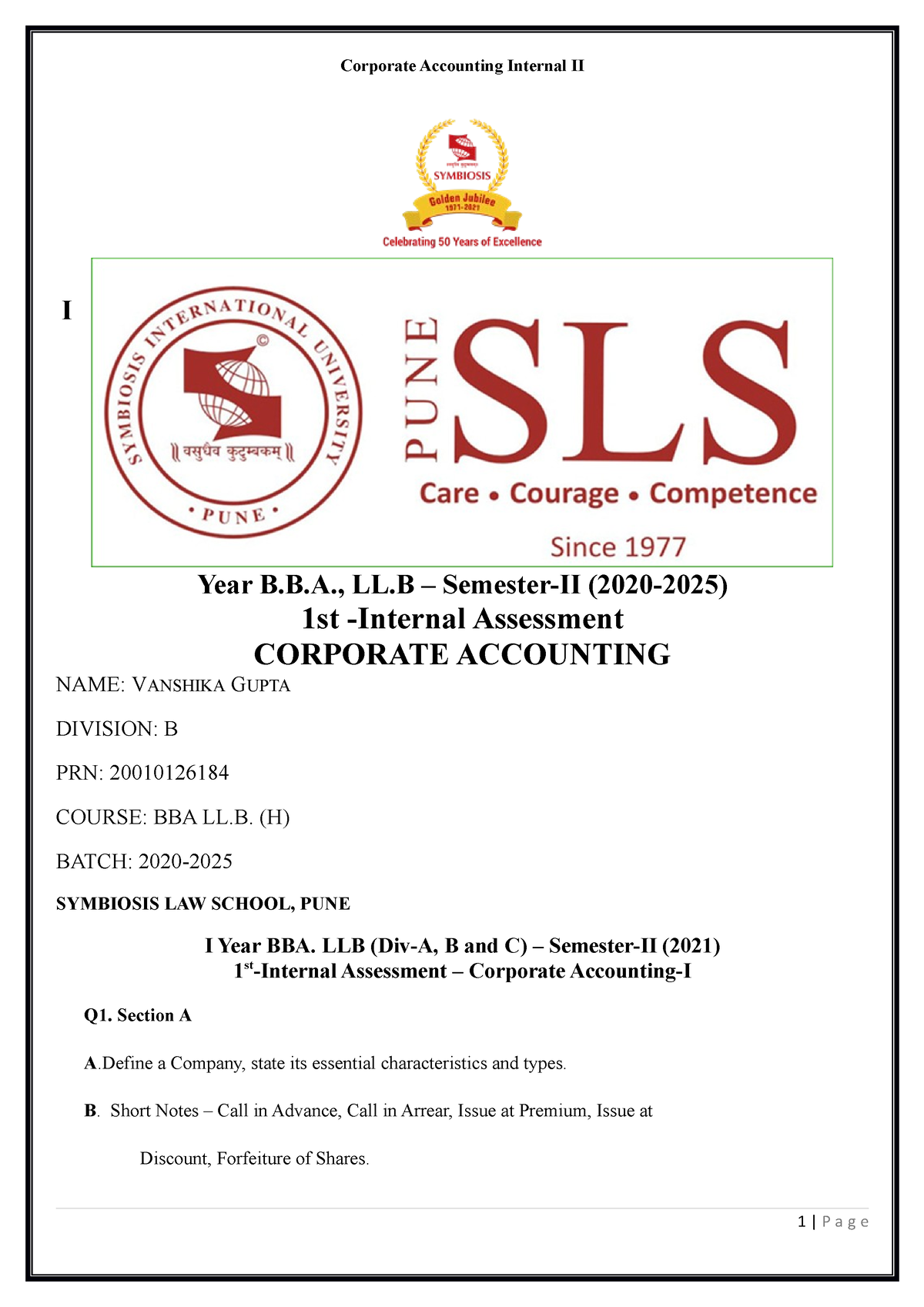 Accounts Assignment - I Year B.B., LL – Semester-II (2020-2025) 1st ...