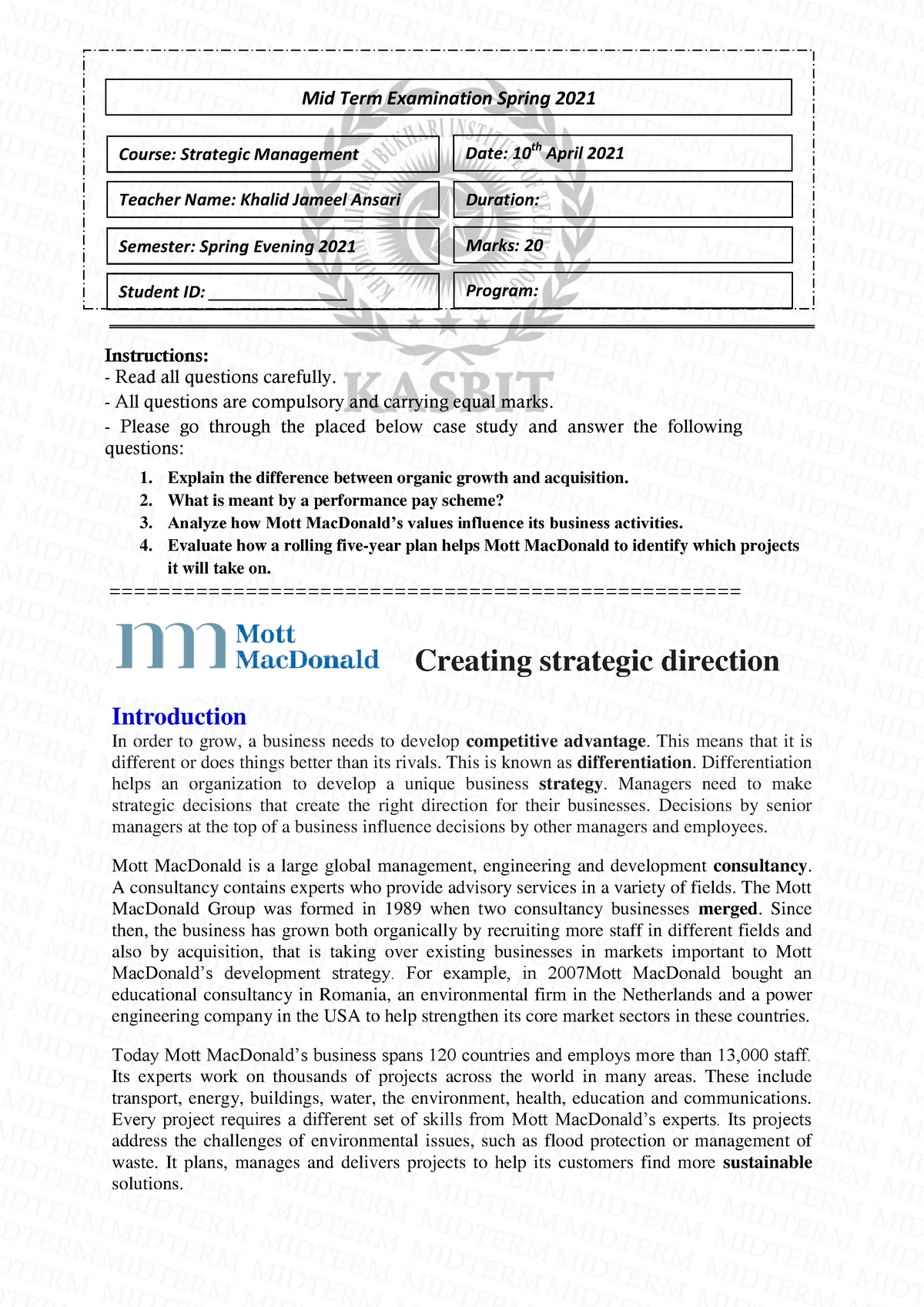 Mid-Term Examination - Strategic Management - Instructions: Read All ...