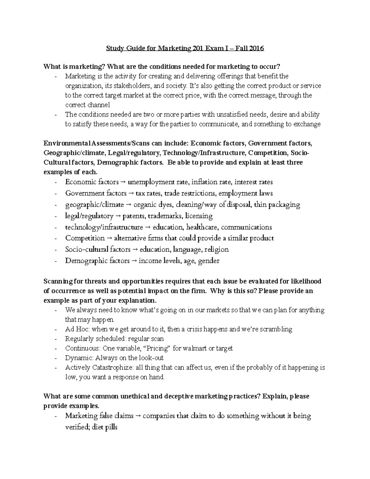 MKT Exam 1 Study Guide - Marketing Exam Review and Notes - Study Guide ...