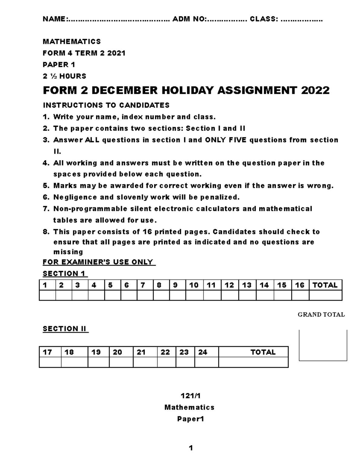 Form 2 maths - NAME:........................................... ADM NO ...