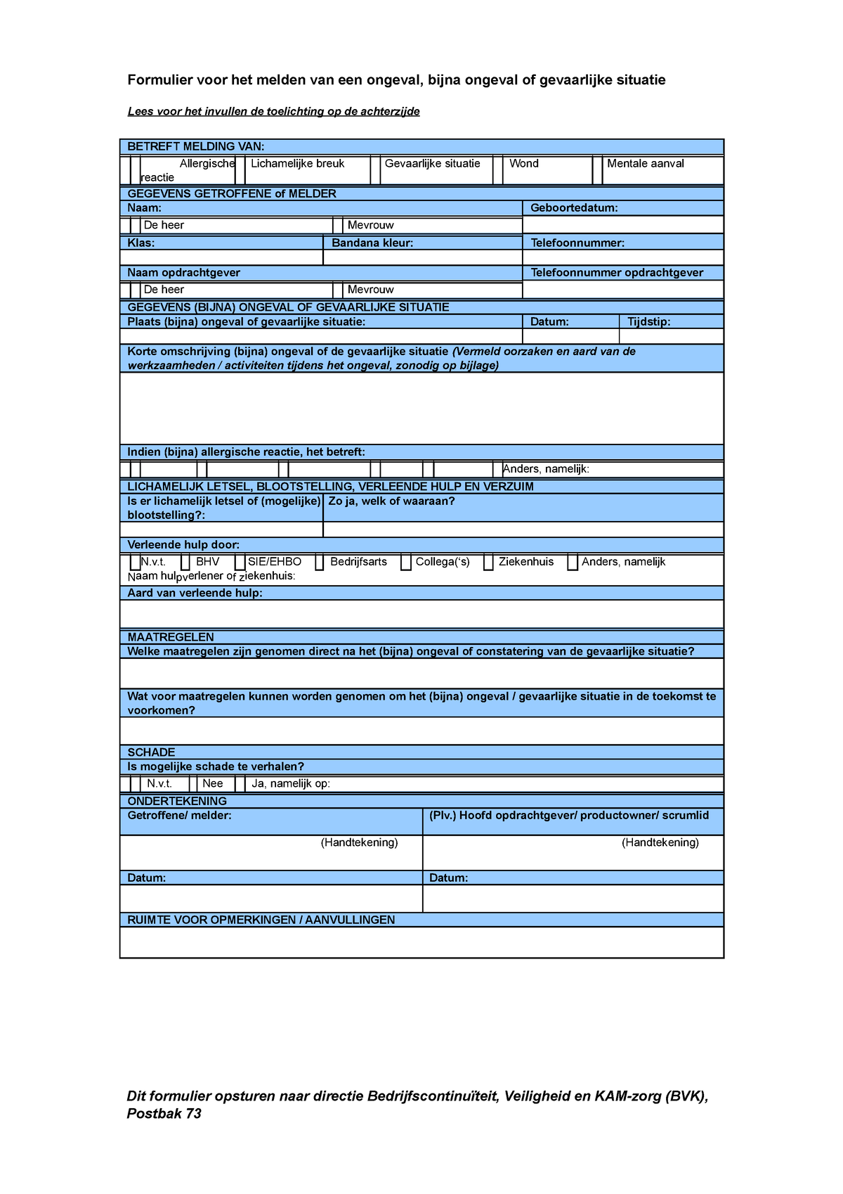 Ongevallen Registratie Formulier Formulier Voor Het Melden Van Een