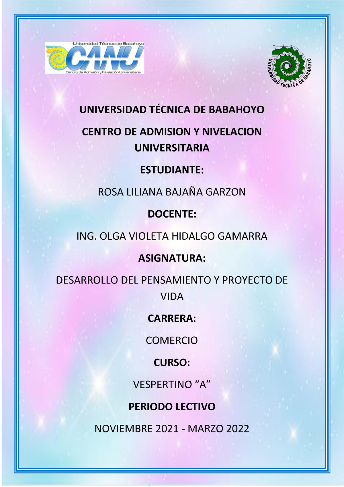 Proyecto De Vida-PRE UNIVERSITARIO - UNIVERSIDAD TÉCNICA DE BABAHOYO ...