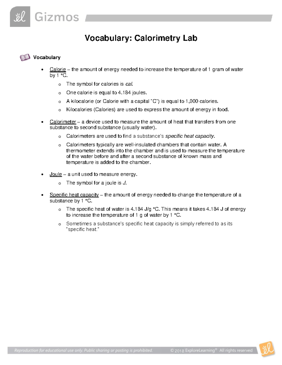 Zachary De Corpo GizmoCalorimetry Lab Vocab 2018 Vocabulary