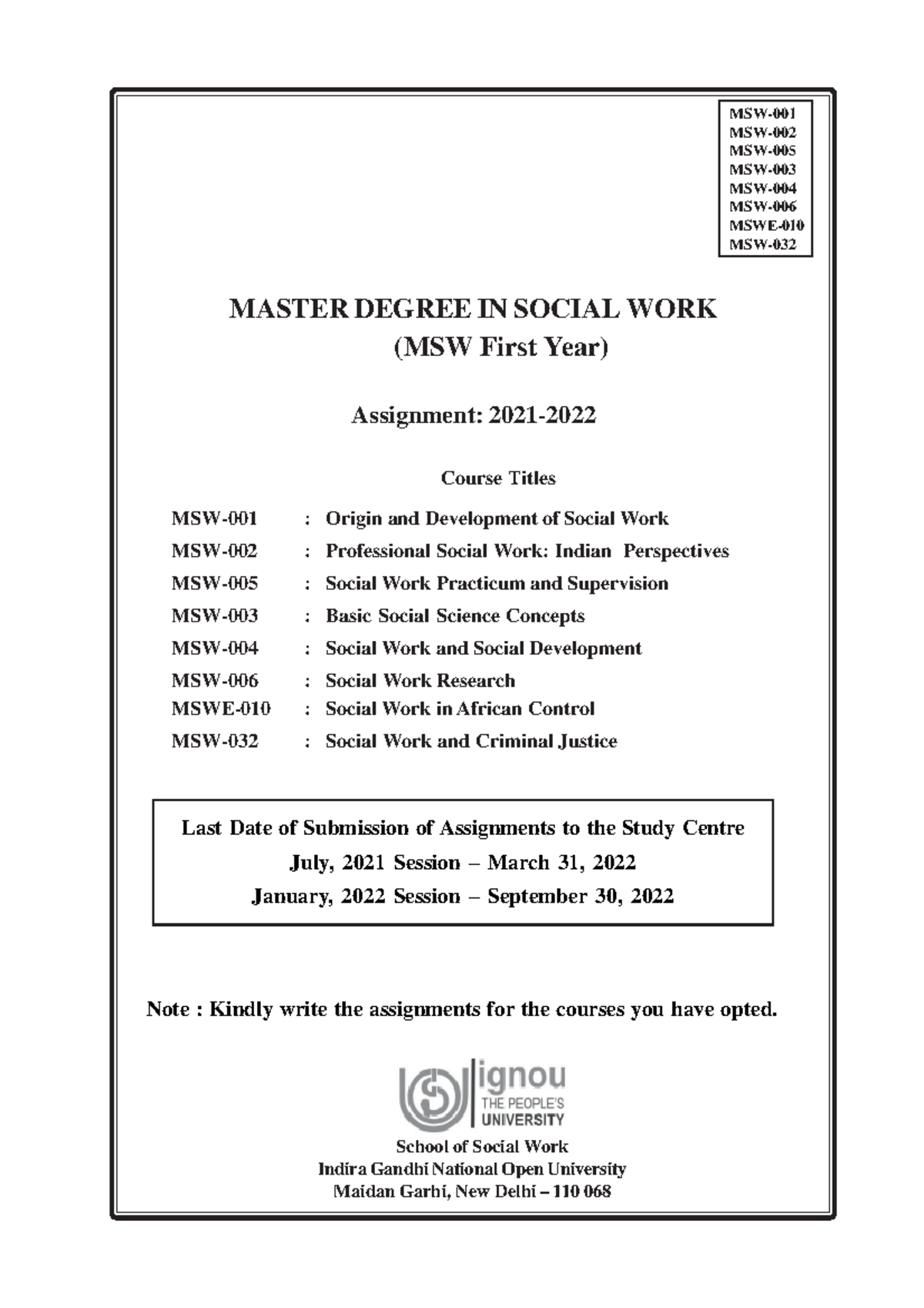 MSW1st yr(E)21 - Assignment question paper 2021-22 - MASTER DEGREE IN ...