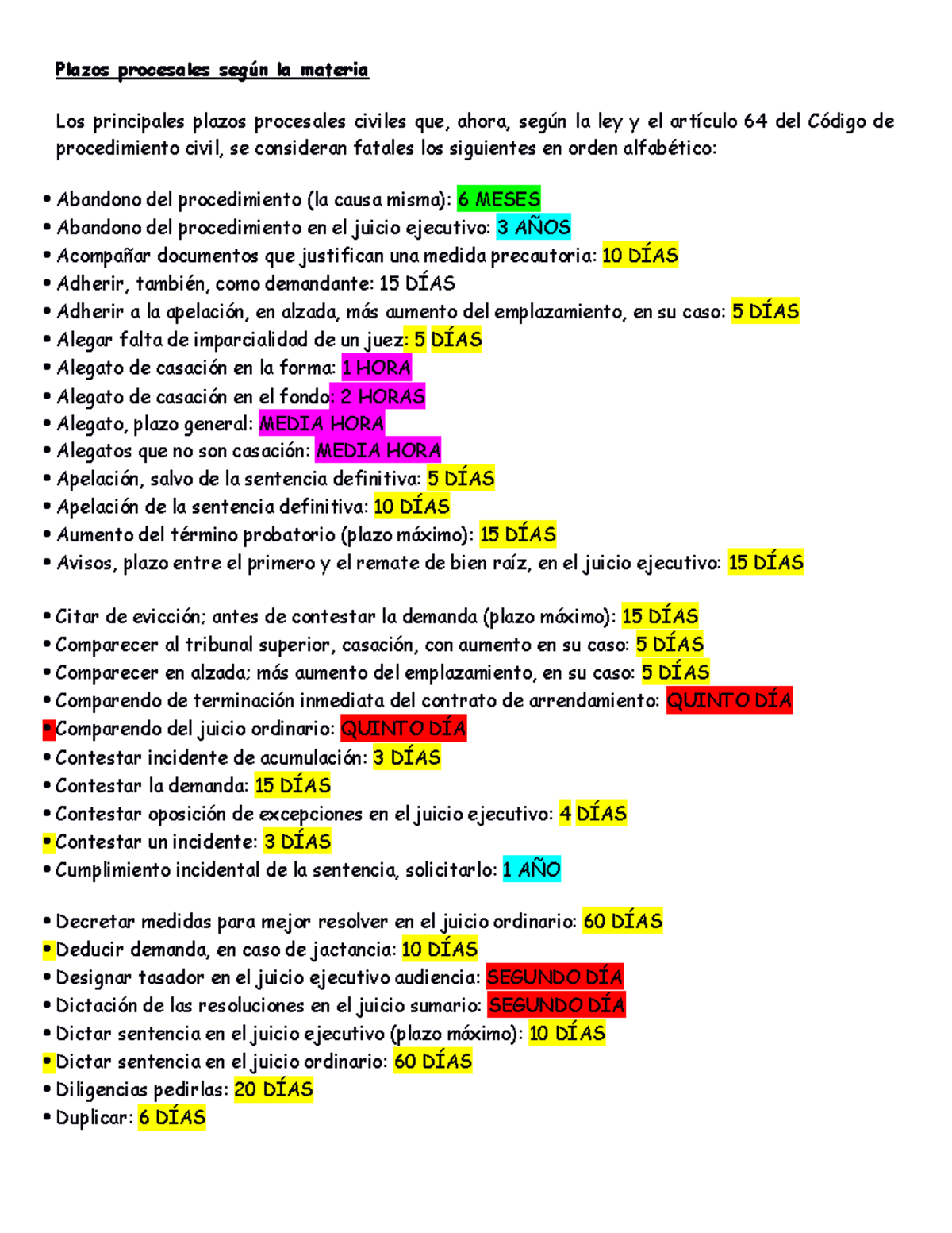 Todos LOS Plazos Procesales - Plazos procesales según la materia Los ...