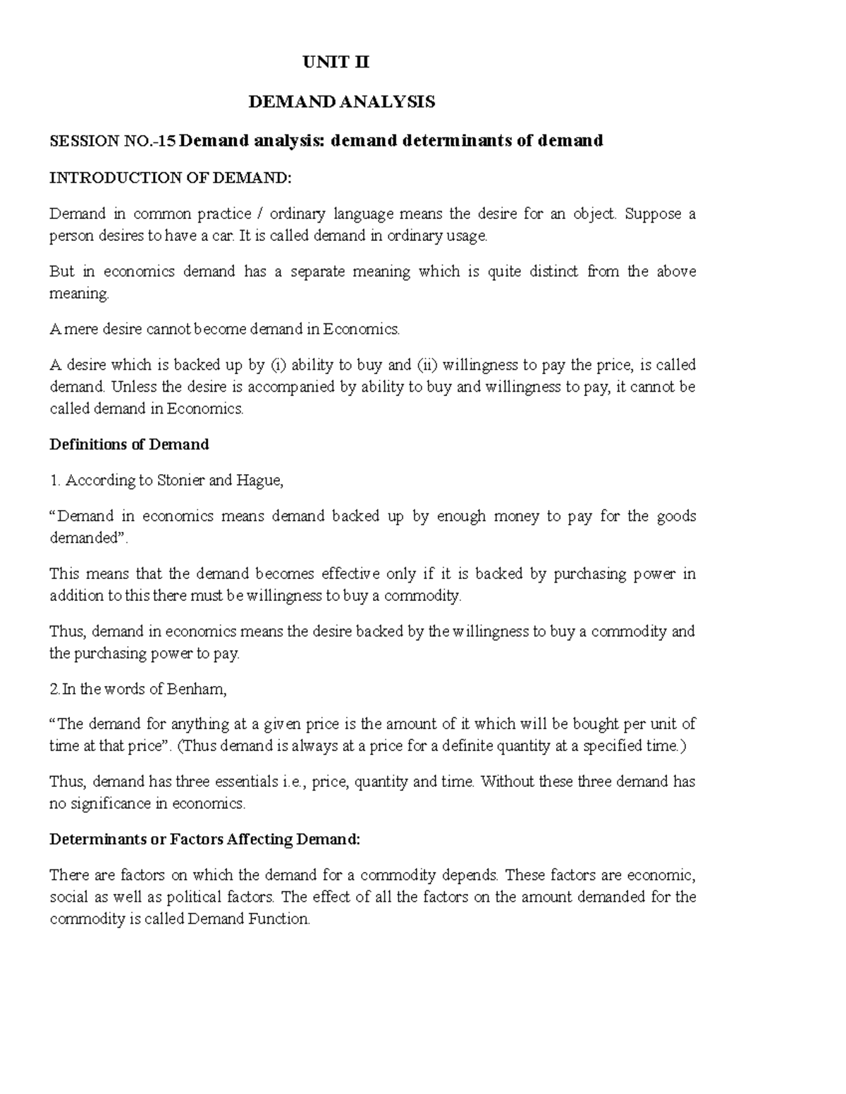 BEFA UNIT II - notes - UNIT II DEMAND ANALYSIS SESSION NO.-15 Demand ...