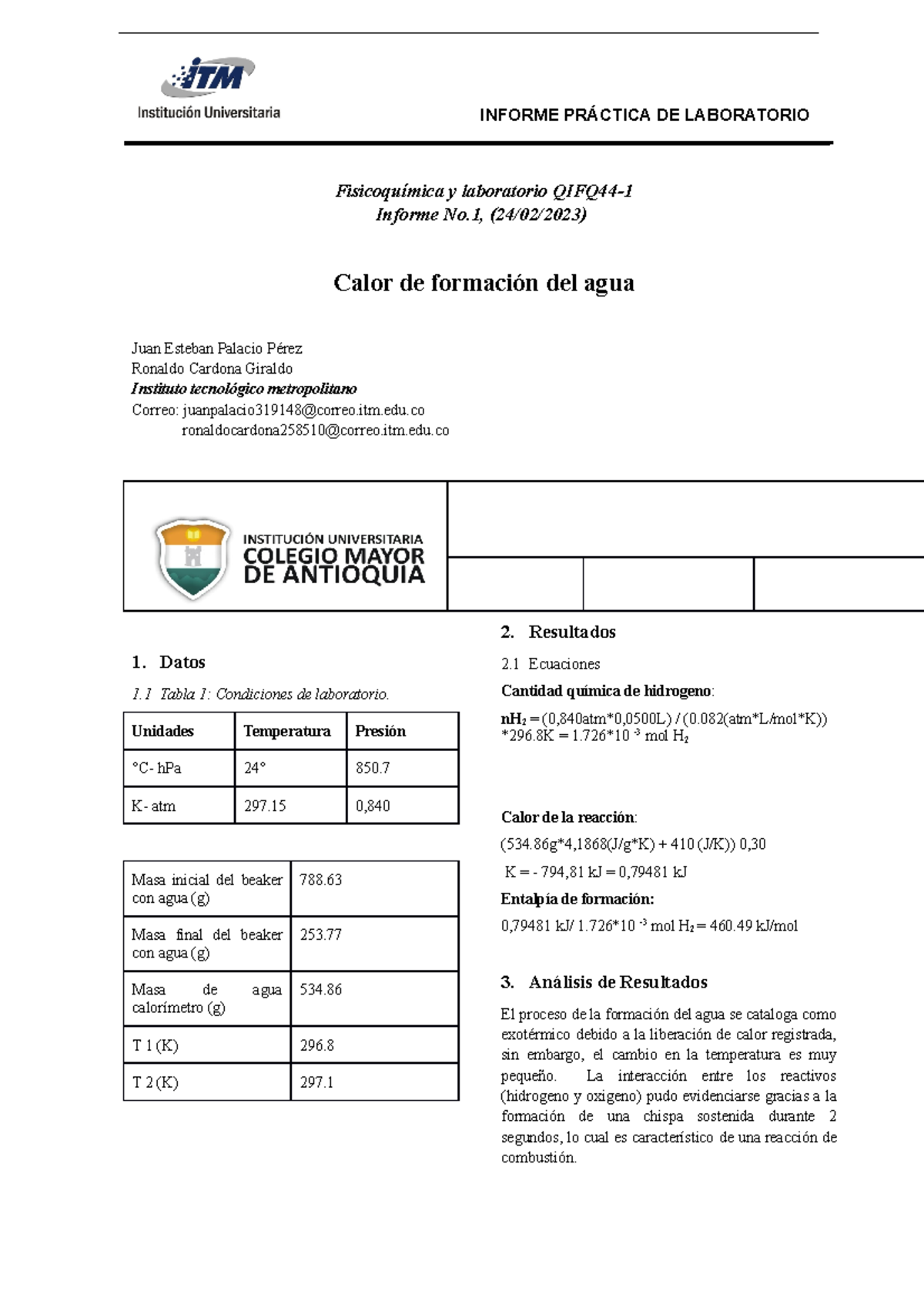 Calor De Formación Del Agua Lab 1 Informe PrÁctica De Laboratorio