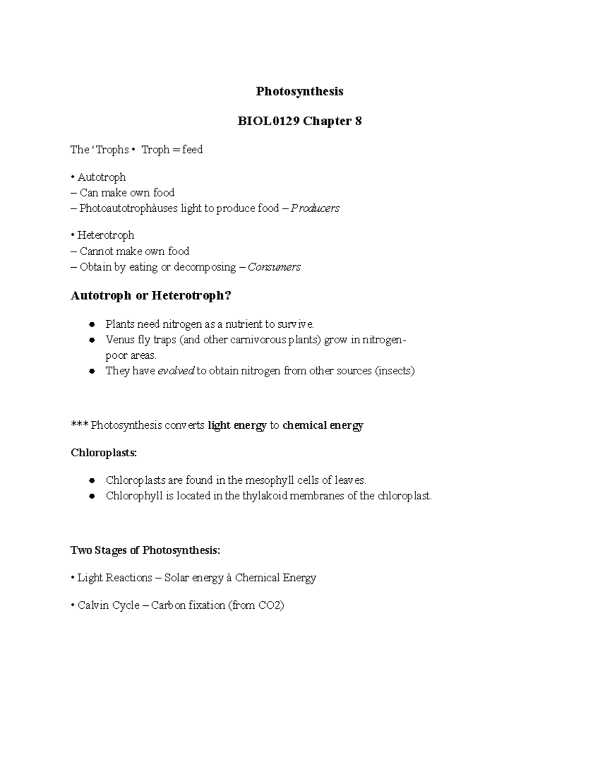 Bio Notes - Photosynthesis - Photosynthesis BIOL0129 Chapter 8 The ...