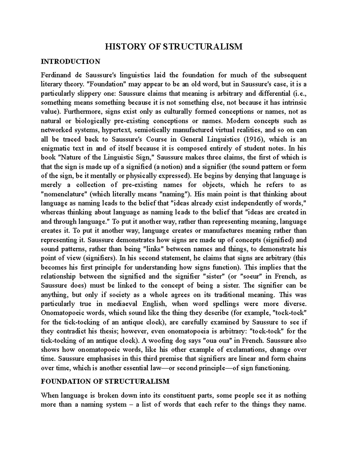 History OF Structuralism HISTORY OF STRUCTURALISM INTRODUCTION