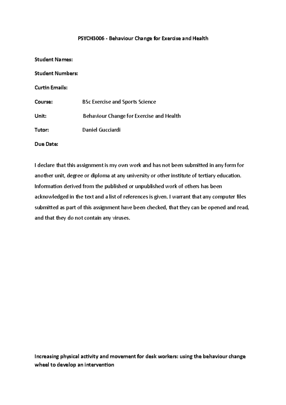 Behaviour Change Written 2 - PSYCH3006 - Behaviour Change for Exercise ...