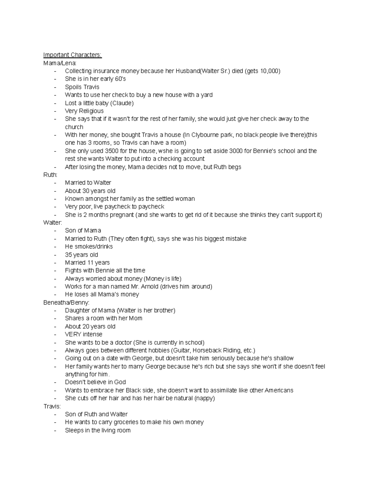 Raisin in the Sun Guiding Questions Important Characters Mama/Lena