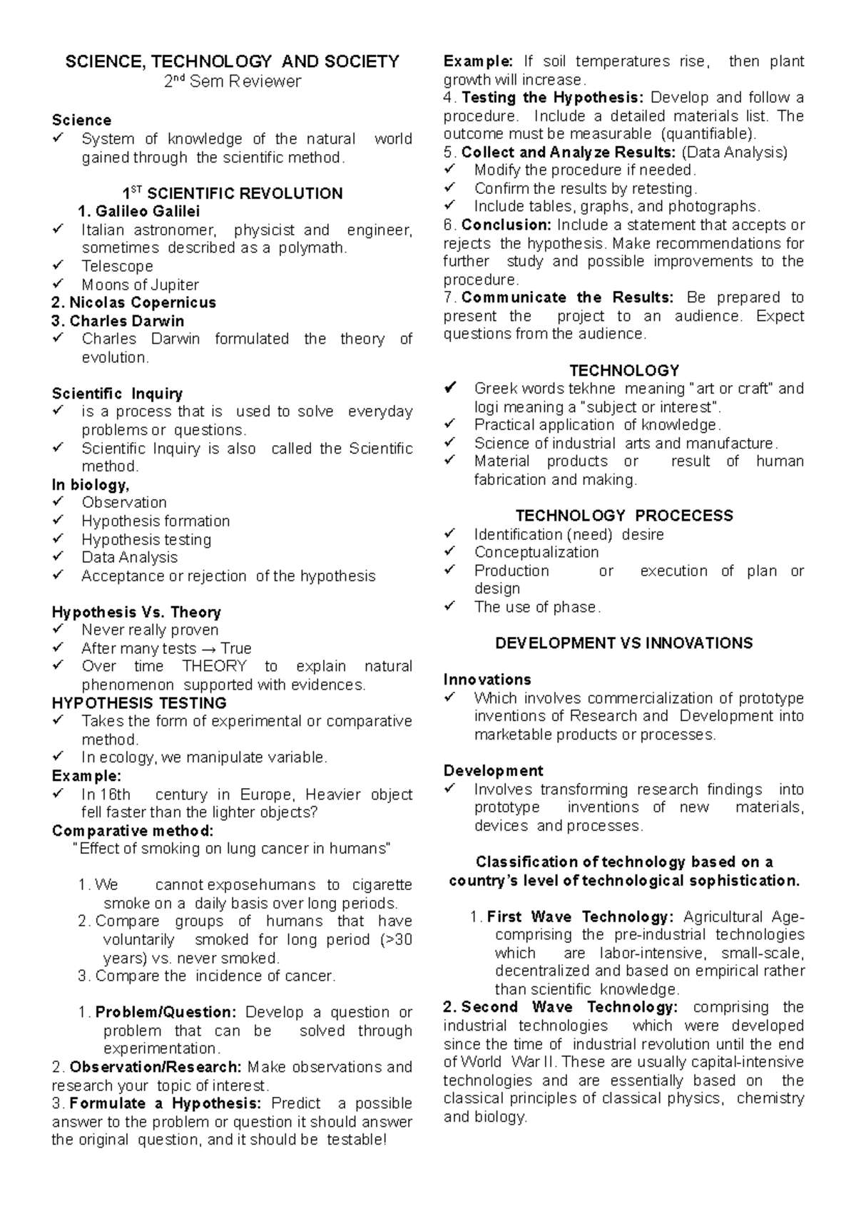STS 2nd Sem Reviewer - Science System of knowledge of the natural world ...