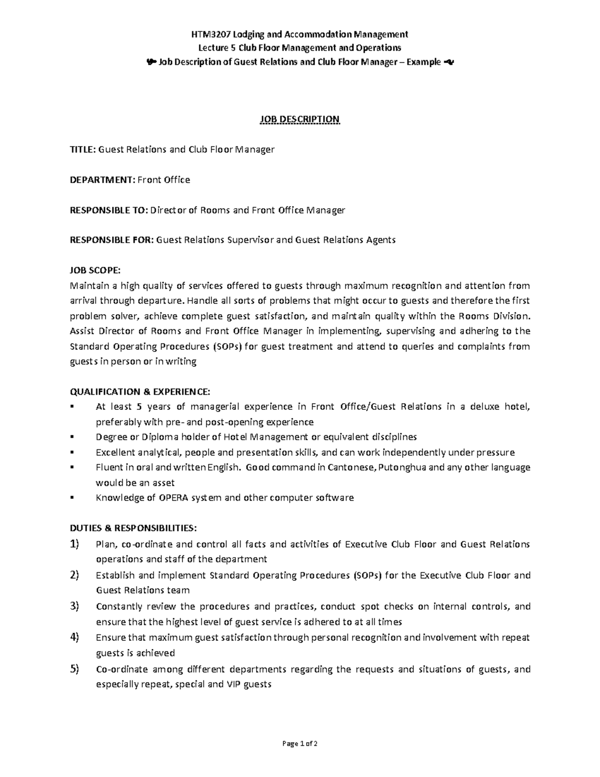 Htm3207 Lecture 5 Club Floor Management And Operations Job Description 