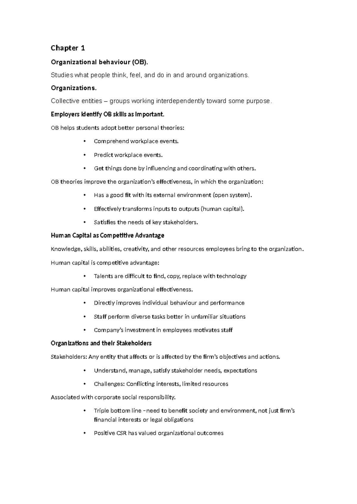 OB - notes from book - Chapter 1 Organizational behaviour (OB). Studies ...