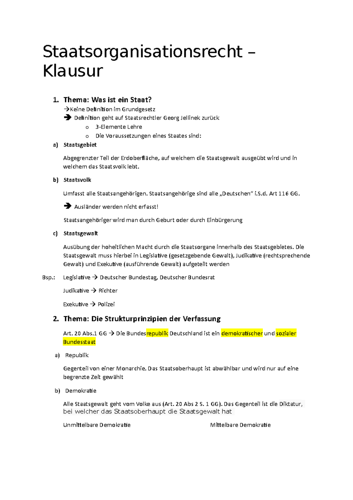 Staatsorganisationsrecht I - Übersicht zu wichtigsten Themen ...