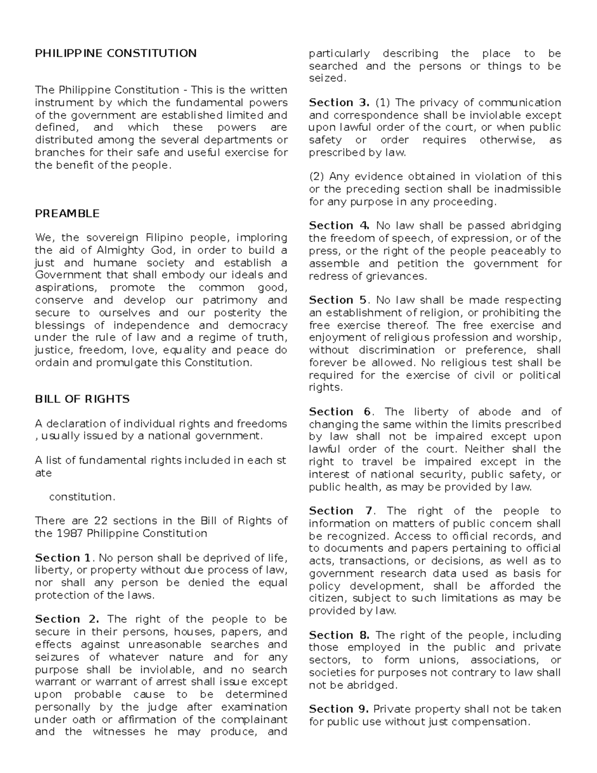 Preamble-and-BILL-OF- Rights - PHILIPPINE CONSTITUTION The Philippine ...