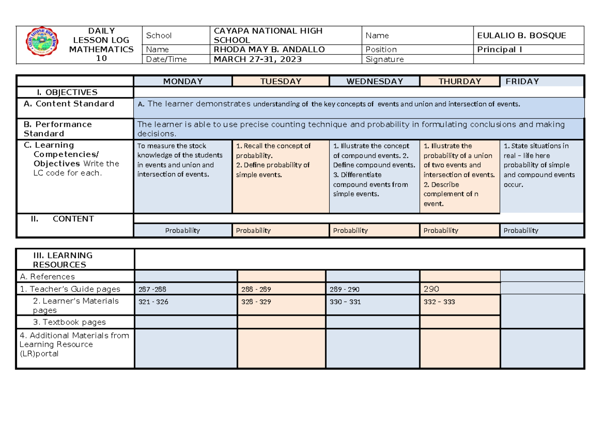 M10Q3W7 - learning plan - DAILY LESSON LOG MATHEMATICS 10 School CAYAPA ...