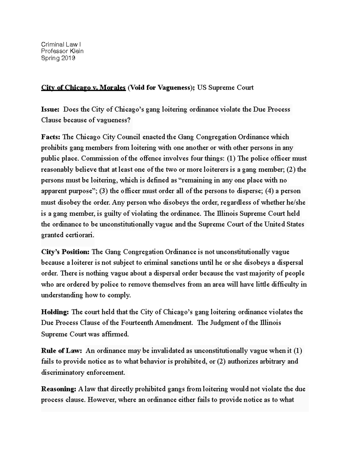 Case Analysis; Void for Vagueness - Criminal Law I Professor Klein ...