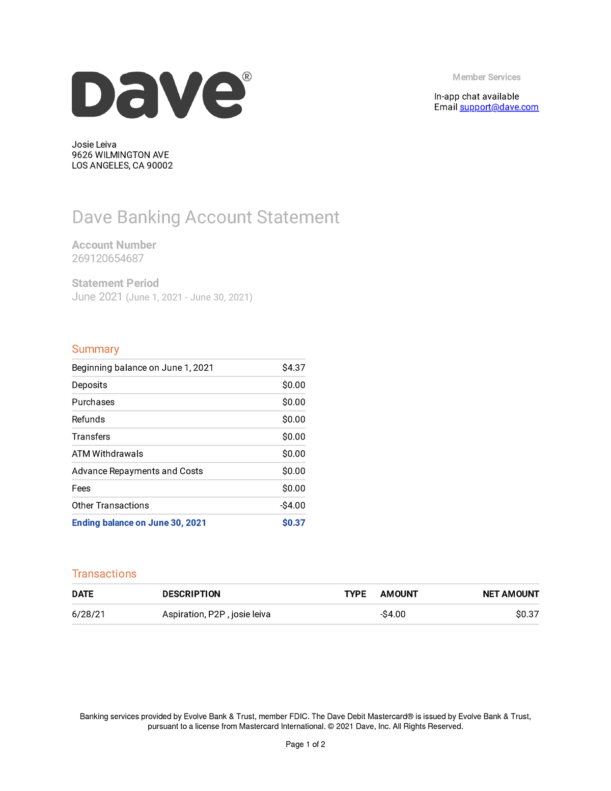 Dave Banking Statement For June 2021 - Banking Services Provided By 