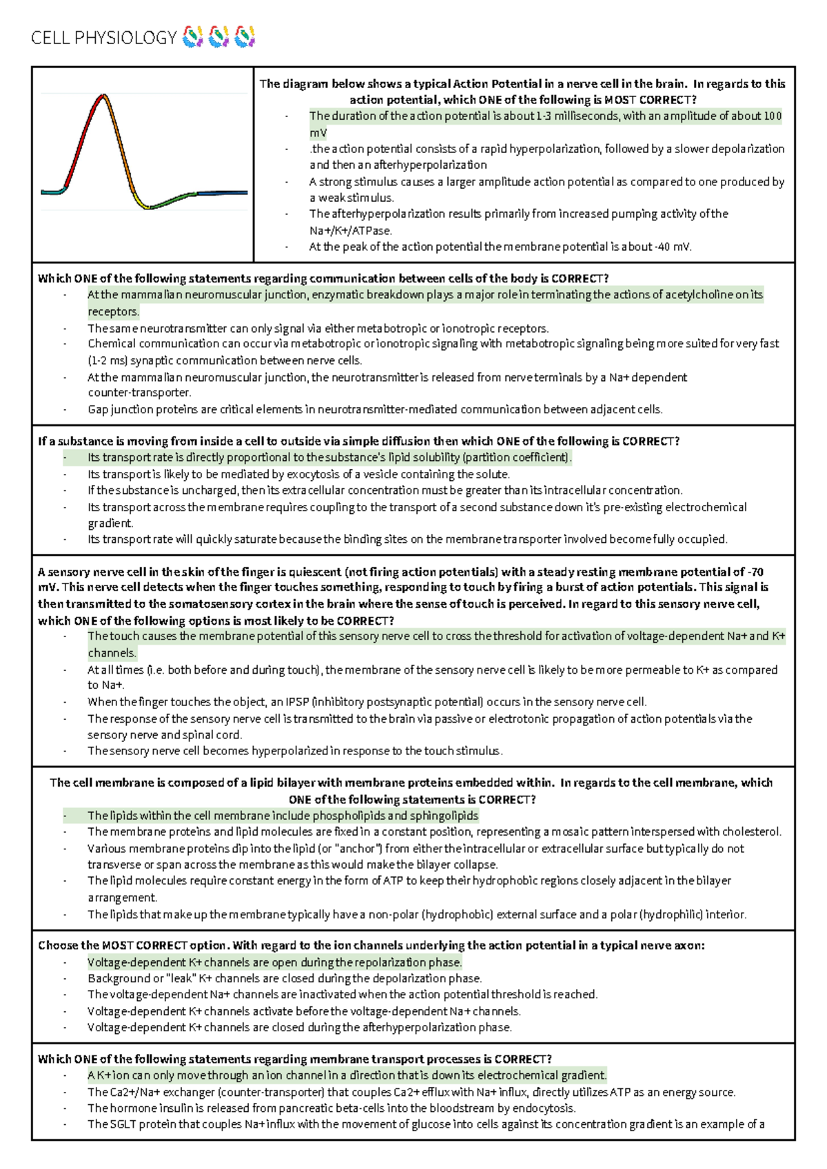 PHSL Midterm practice answers - CELL PHYSIOLOGY ¬¬¬ The diagram below ...