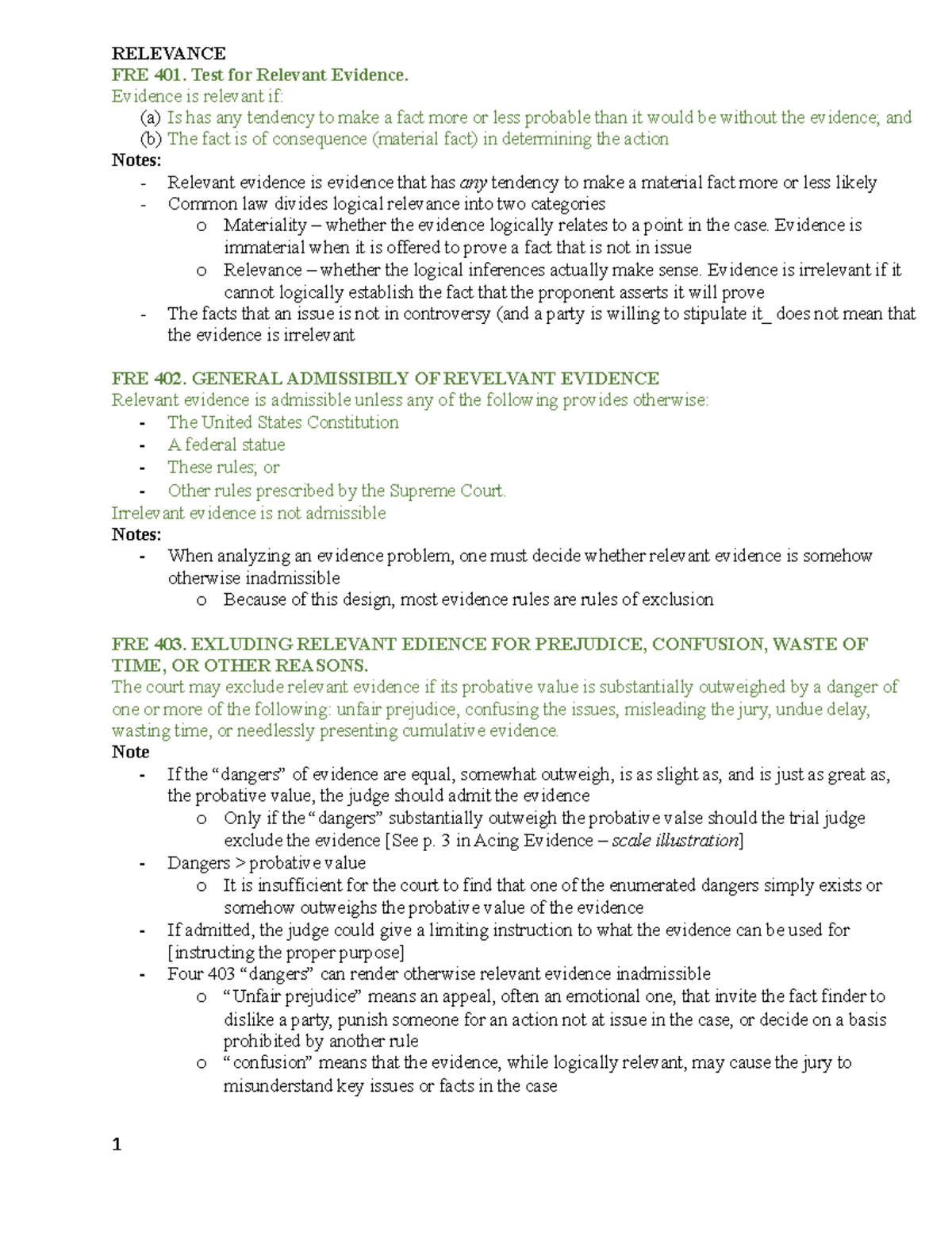 Evidence Rules - outline - RELEVANCE FRE 401. Test for Relevant ...
