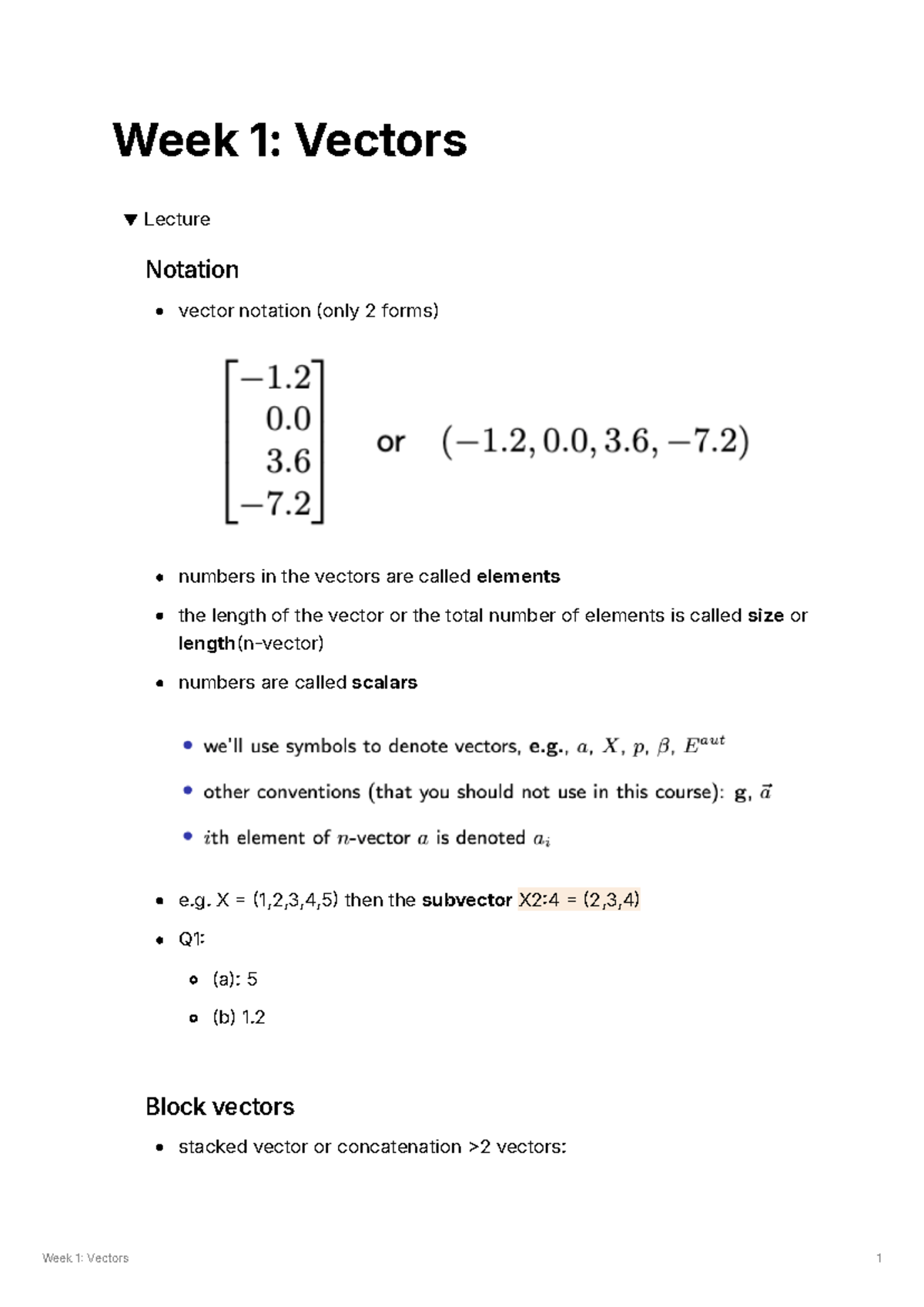 Week 1 Vectors note - Week 1: Vectors Lecture Notation vector notation ...