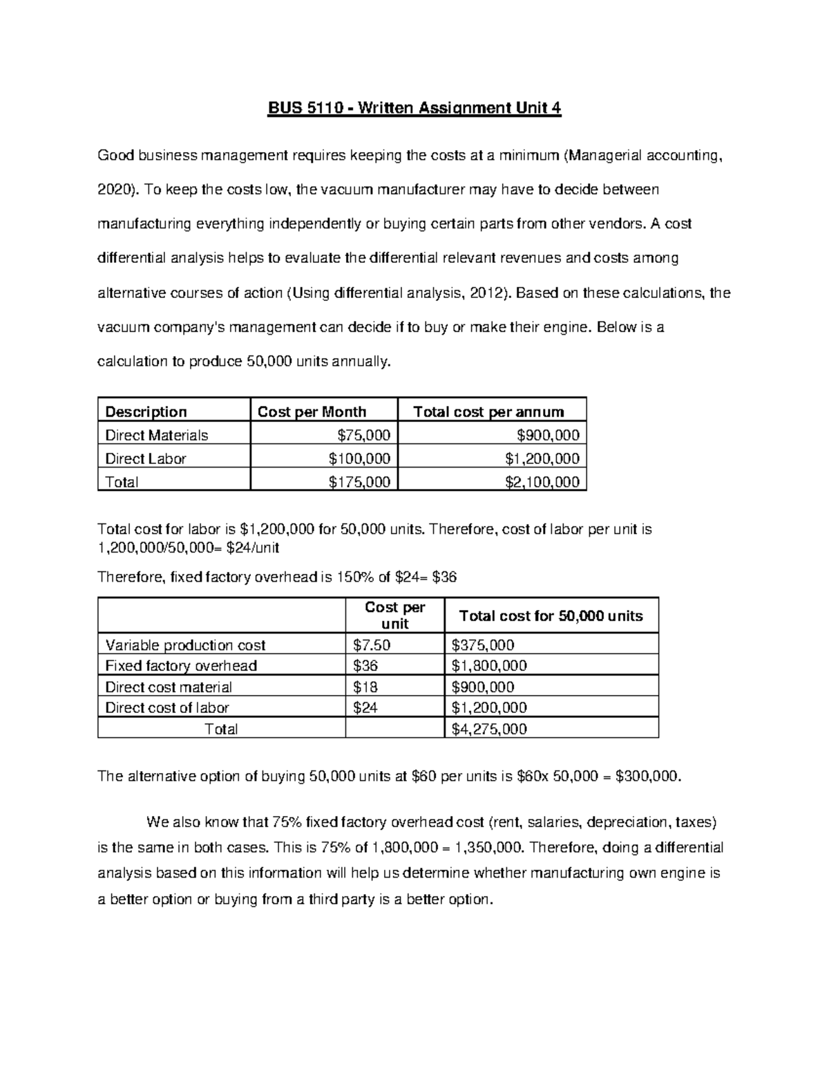 BUS 5110 - Managerial A Ccounting - Written Assignment Unit 4 - BUS ...