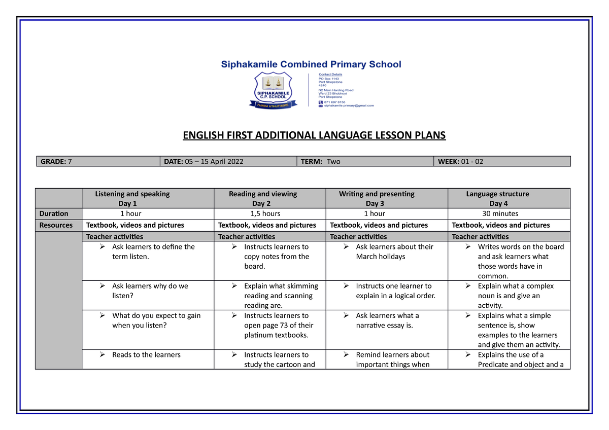 English Lesson Plans ENGLISH FIRST ADDITIONAL LANGUAGE LESSON PLANS 