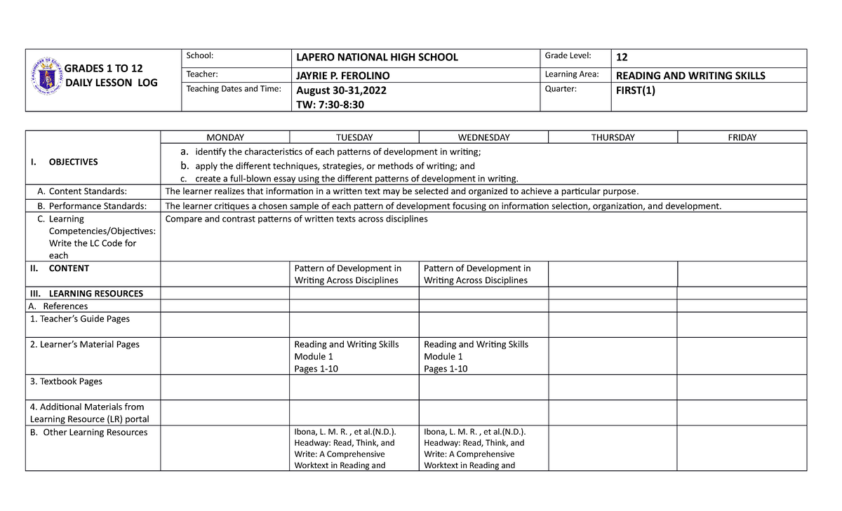 DLLweek 1Reading and Writing Skills 11 GRADES 1 TO 12 DAILY LESSON