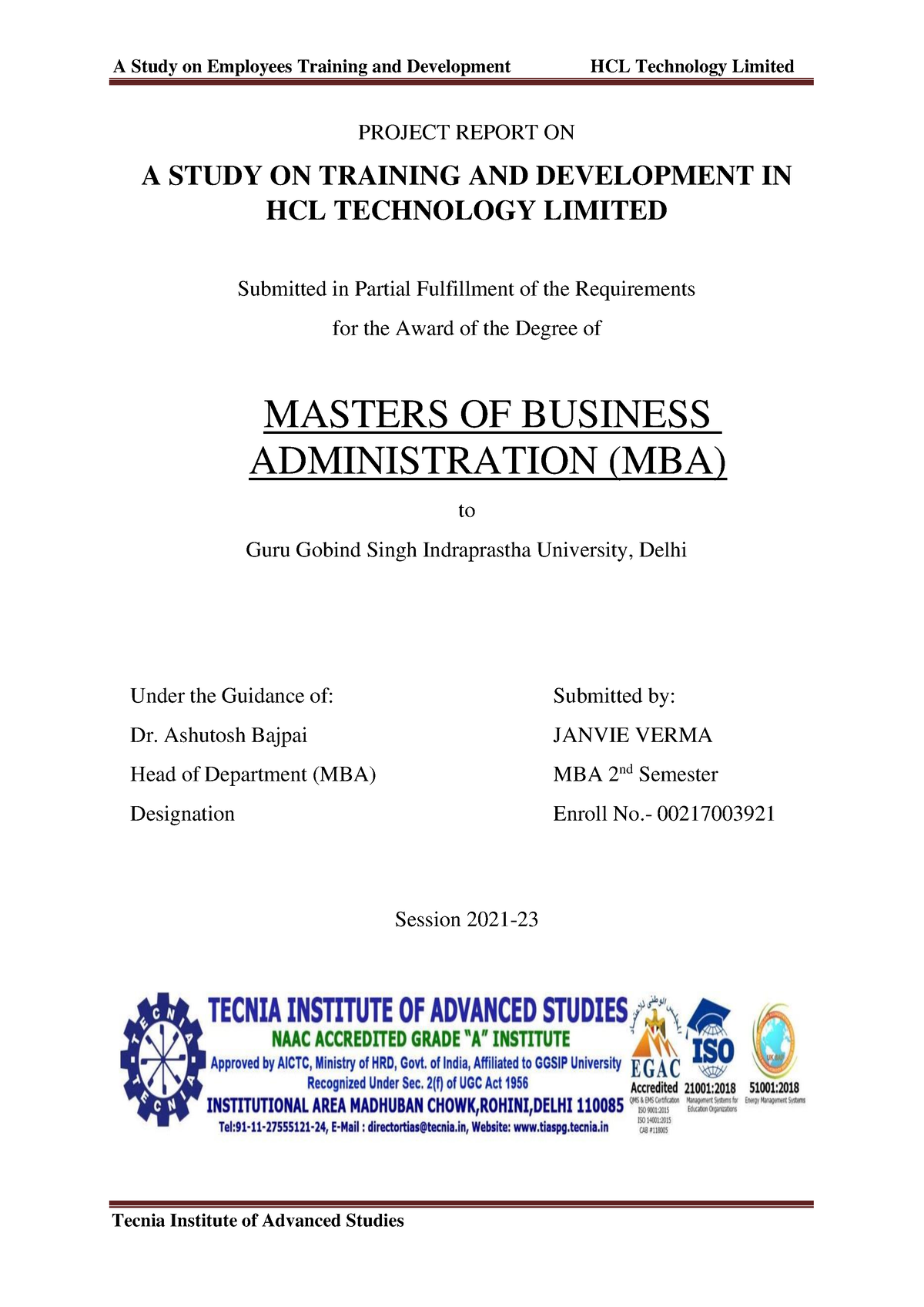 training and development project report for mba