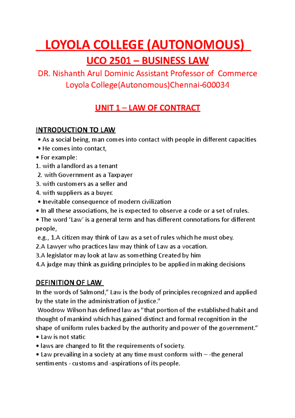 Business law of contract unit 1 - LOYOLA COLLEGE (AUTONOMOUS) UCO 2501 ...
