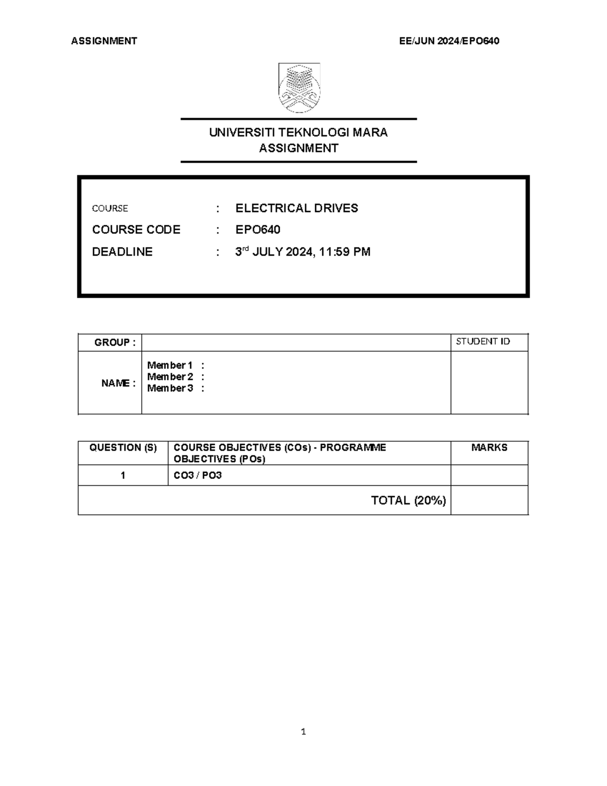 EPO640 Assignment - UNIVERSITI TEKNOLOGI MARA ASSIGNMENT COURSE ...